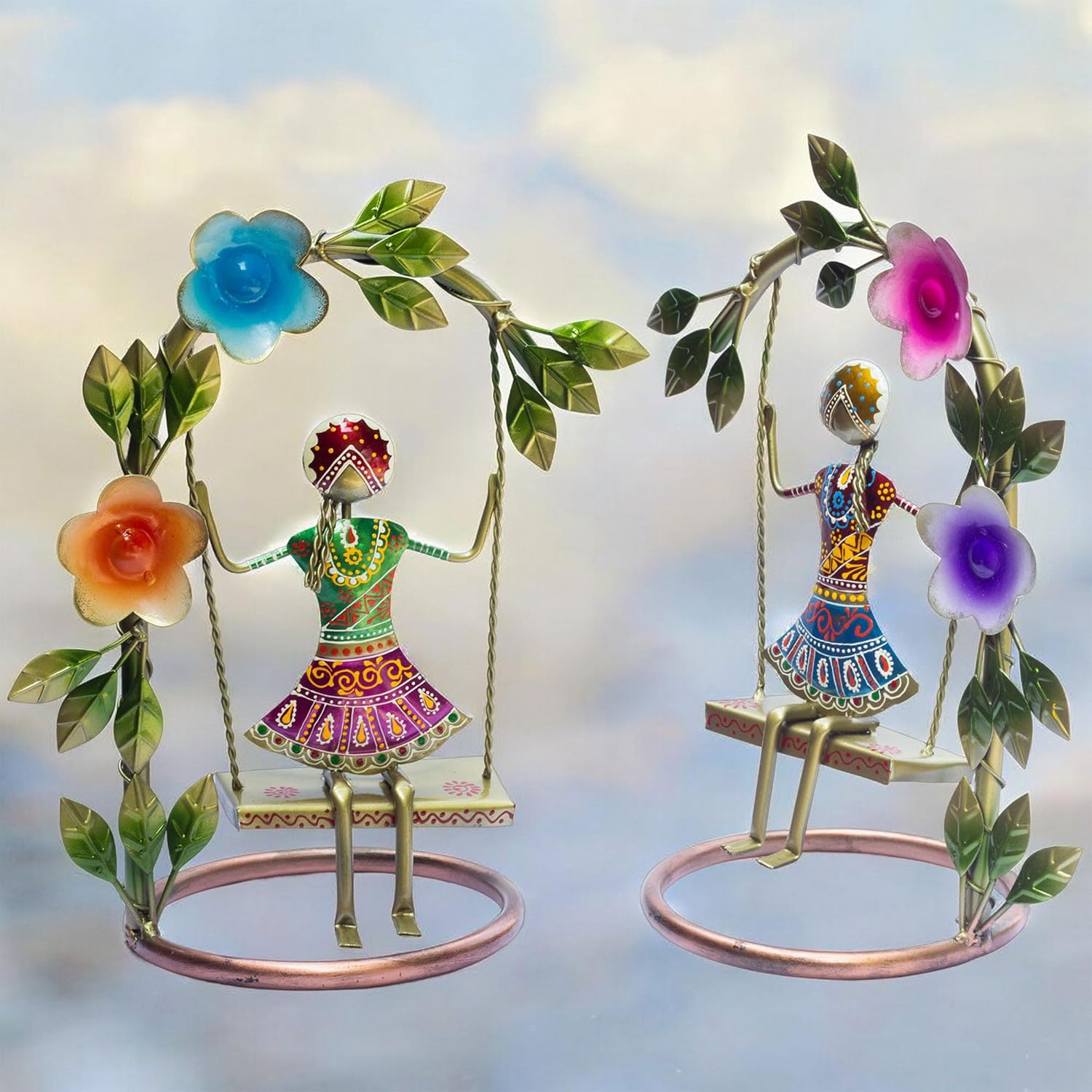 Sawan ke Jhule Handcrafted Metal Showpiece Set for Home Decor | Ethnic Iron Women Figurines with Floral Arch for Living Room, Shelf, Festive Gift, Navratri Decor (9x14inch)