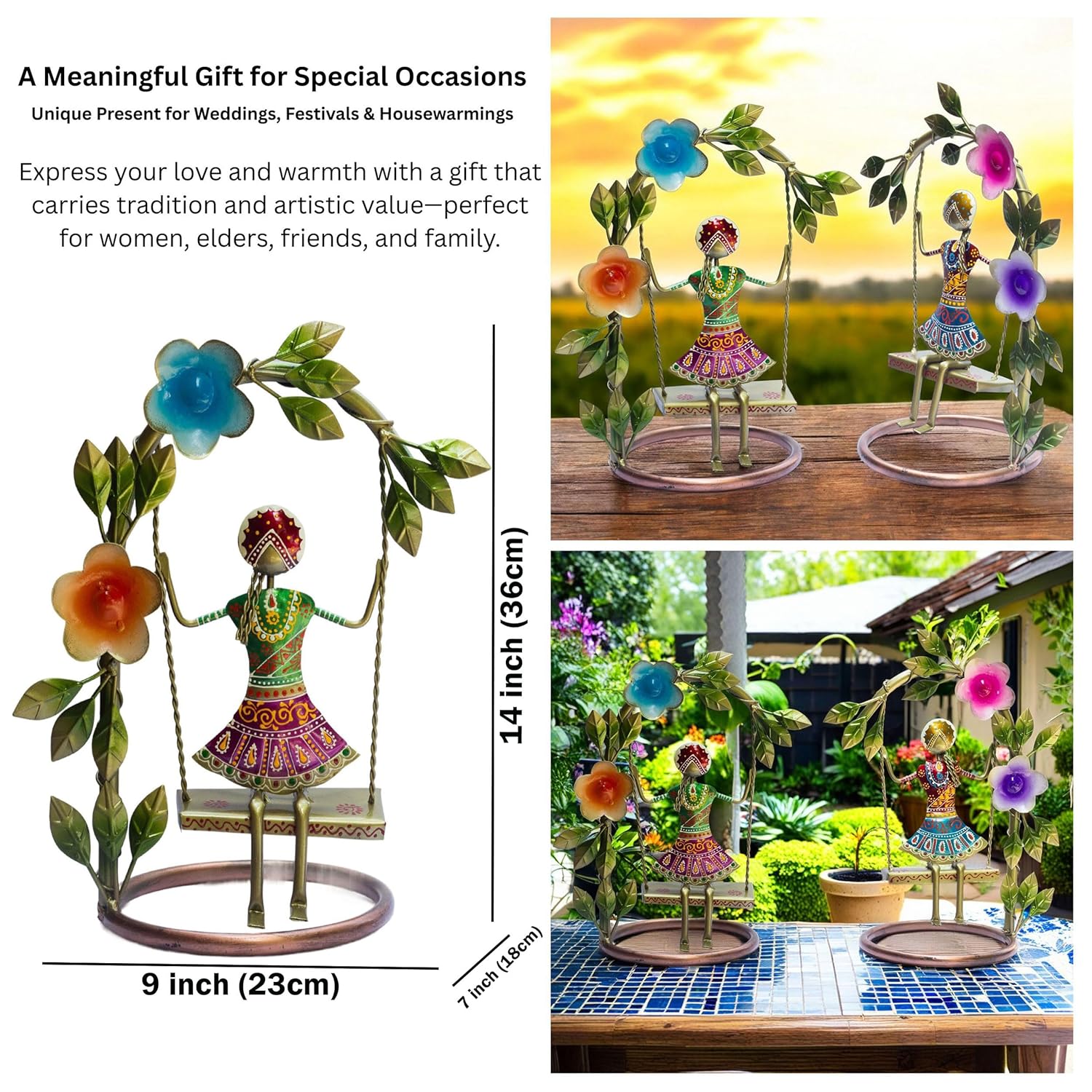 Sawan ke Jhule Handcrafted Metal Showpiece Set for Home Decor | Ethnic Iron Women Figurines with Floral Arch for Living Room, Shelf, Festive Gift, Navratri Decor (9x14inch) — photo — 6 of 8