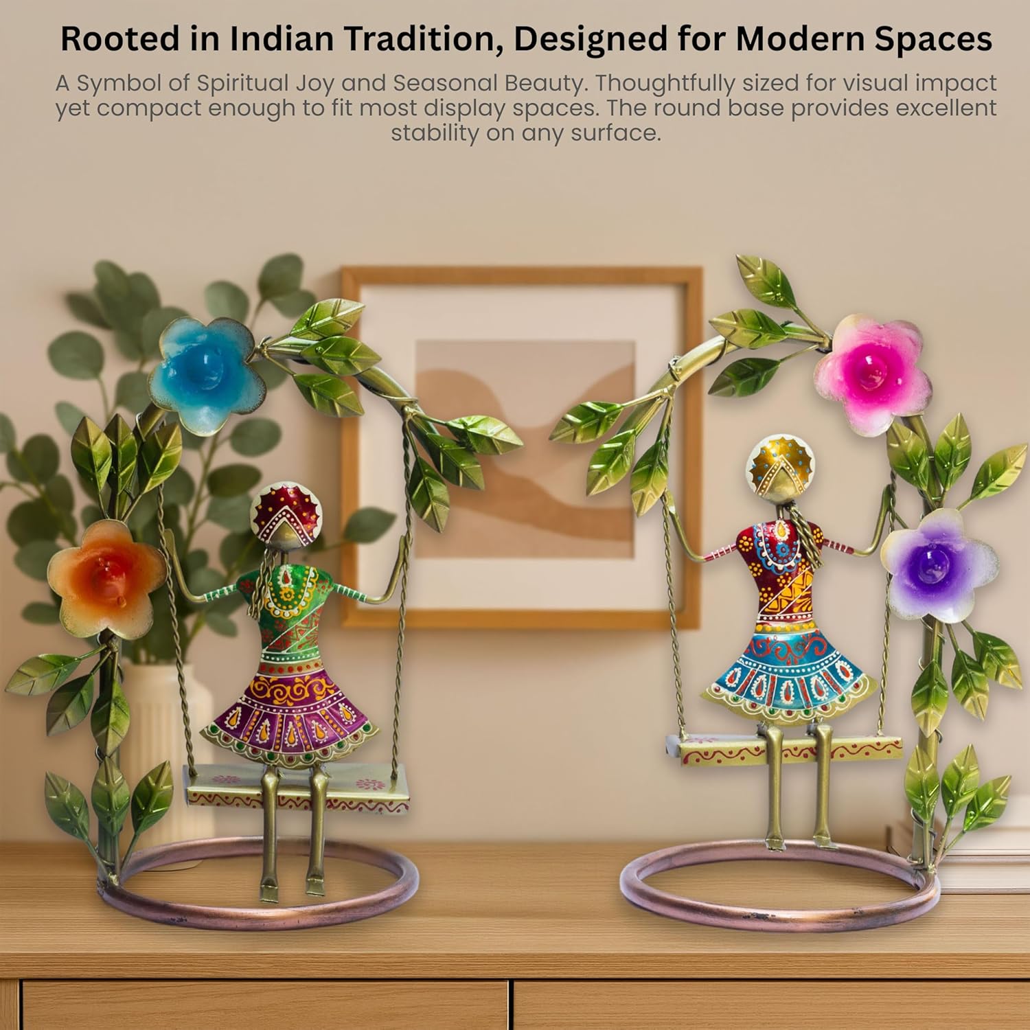 Sawan ke Jhule Handcrafted Metal Showpiece Set for Home Decor | Ethnic Iron Women Figurines with Floral Arch for Living Room, Shelf, Festive Gift, Navratri Decor (9x14inch) — photo — 5 of 8