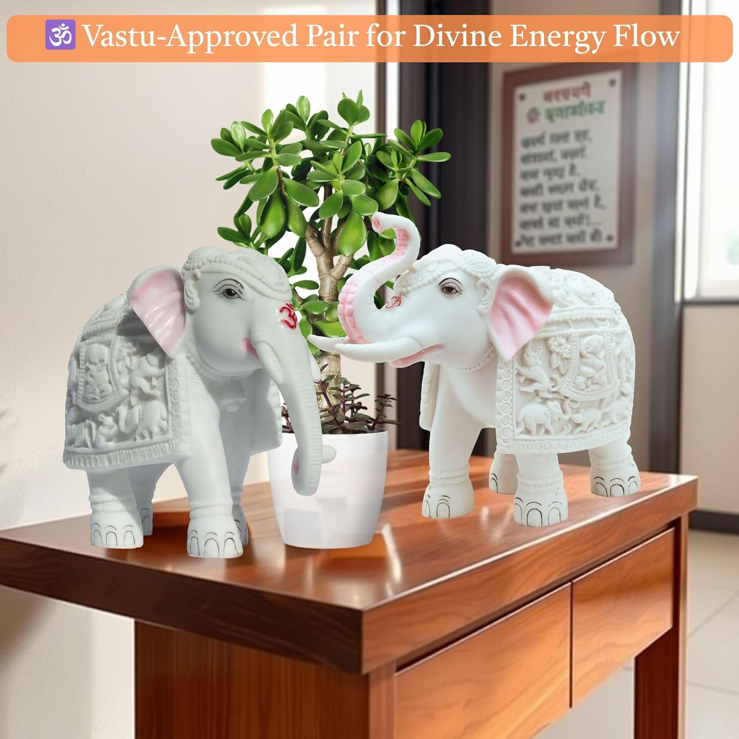 Harmony Marble Elephants Set of 2 – Trunk Up 8” & Trunk Down 7” Polyresin Marble Dust Showpiece Statue for Positivity, Vastu Decor, Feng Shui, Festival Gifting & Home — photo — 9 of 9