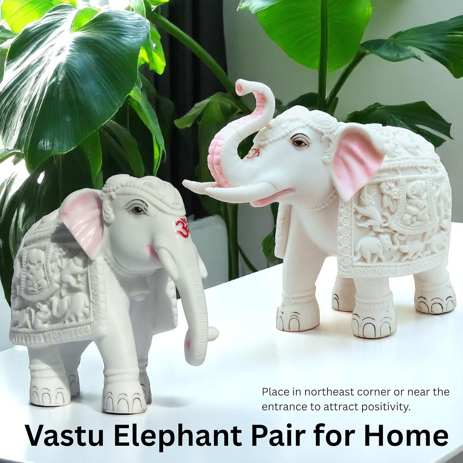 Harmony Marble Elephants Set of 2 – Trunk Up 8” & Trunk Down 7” Polyresin Marble Dust Showpiece Statue for Positivity, Vastu Decor, Feng Shui, Festival Gifting & Home — photo — 3 of 9