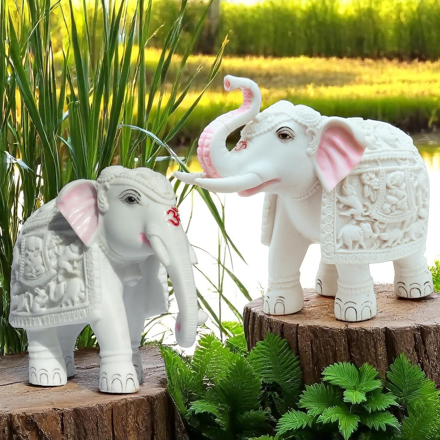 Harmony Marble Elephants Set of 2 – Trunk Up 8” & Trunk Down 7” Polyresin Marble Dust Showpiece Statue for Positivity, Vastu Decor, Feng Shui, Festival Gifting & Home