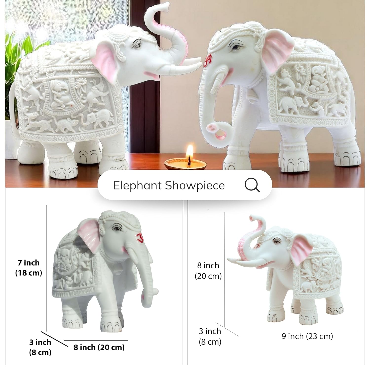 Harmony Marble Elephants Set of 2 – Trunk Up 8” & Trunk Down 7” Polyresin Marble Dust Showpiece Statue for Positivity, Vastu Decor, Feng Shui, Festival Gifting & Home — photo — 5 of 9