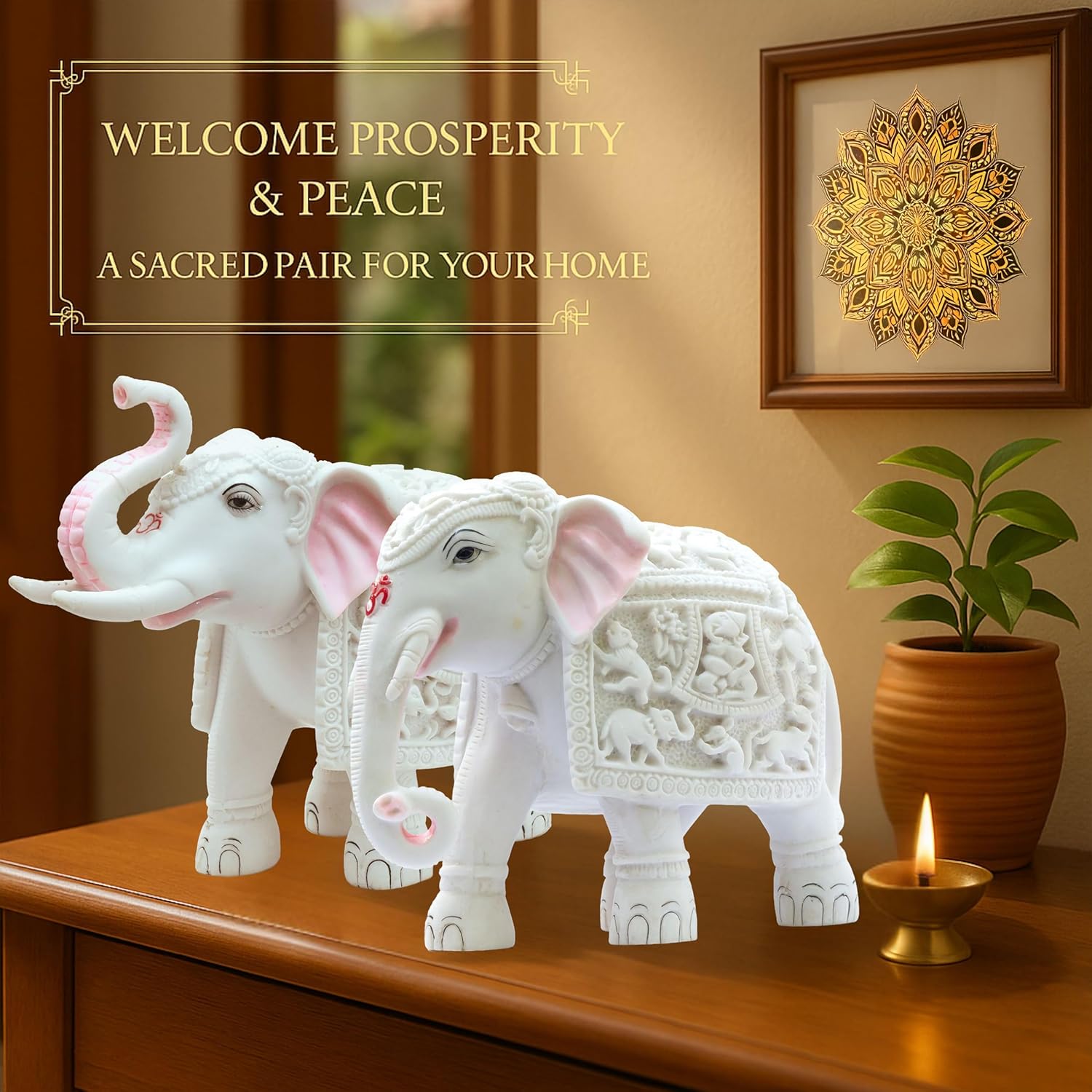 Harmony Marble Elephants Set of 2 – Trunk Up 8” & Trunk Down 7” Polyresin Marble Dust Showpiece Statue for Positivity, Vastu Decor, Feng Shui, Festival Gifting & Home — photo — 6 of 9