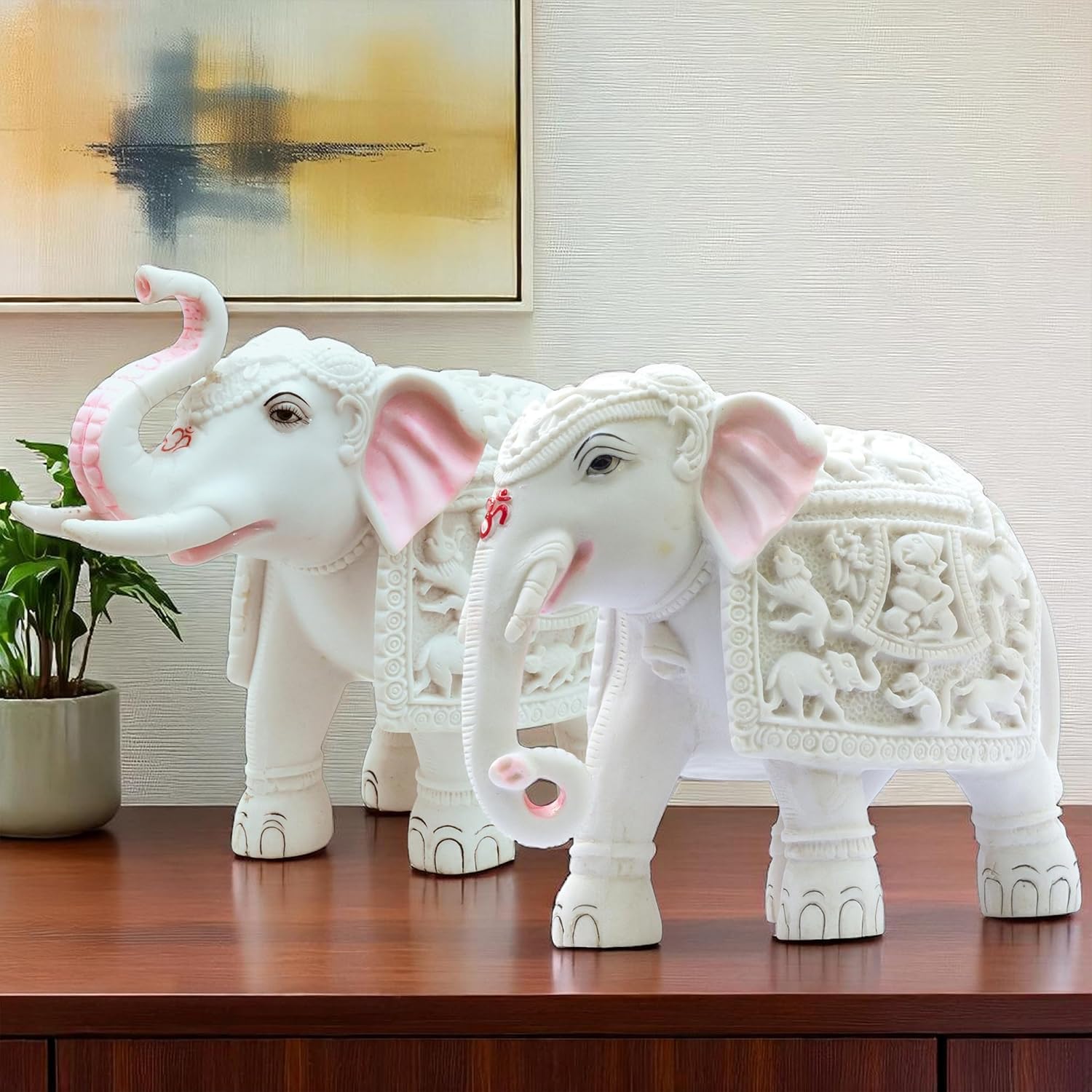 Harmony Marble Elephants Set of 2 – Trunk Up 8” & Trunk Down 7” Polyresin Marble Dust Showpiece Statue for Positivity, Vastu Decor, Feng Shui, Festival Gifting & Home — photo — 7 of 9