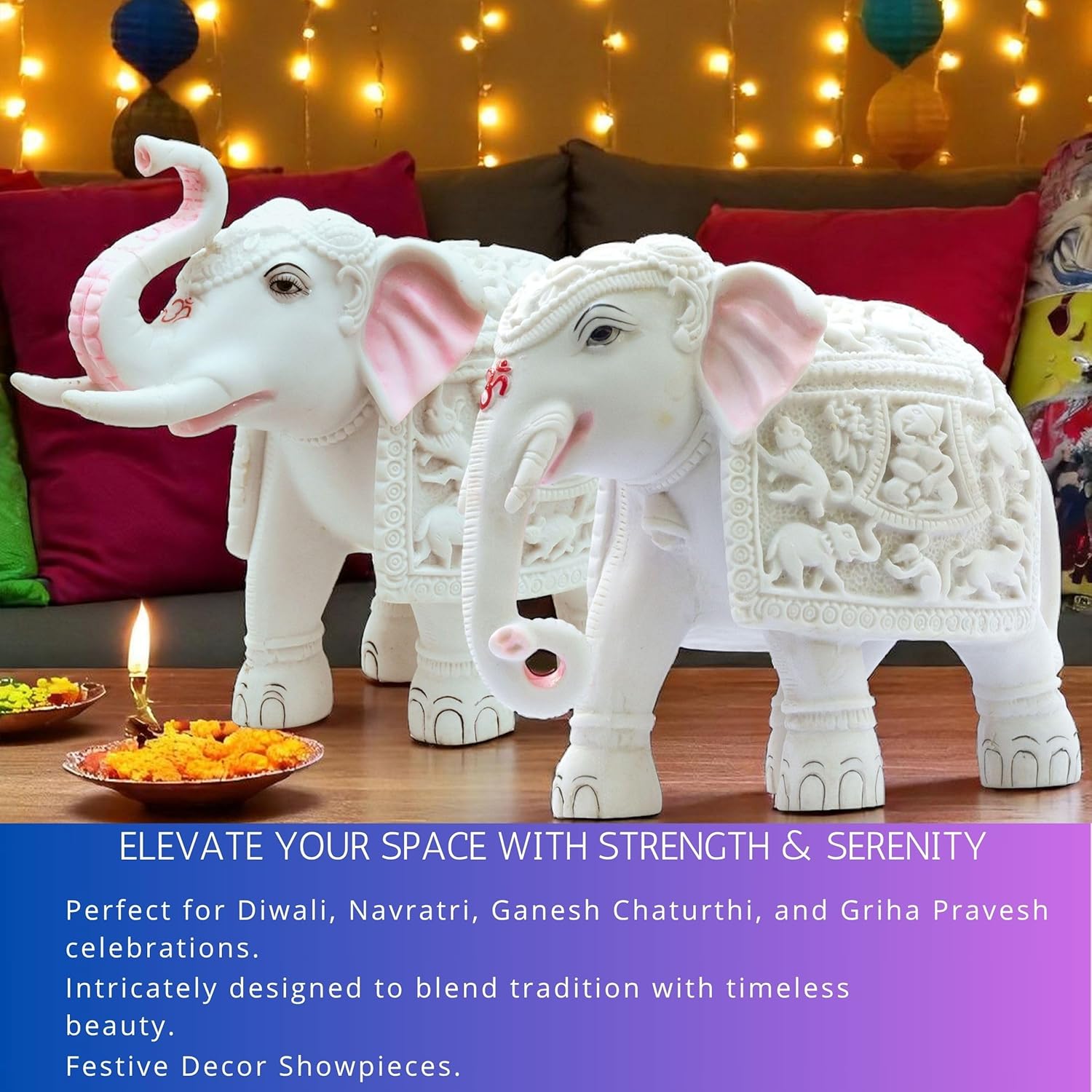 Harmony Marble Elephants Set of 2 – Trunk Up 8” & Trunk Down 7” Polyresin Marble Dust Showpiece Statue for Positivity, Vastu Decor, Feng Shui, Festival Gifting & Home — photo — 4 of 9