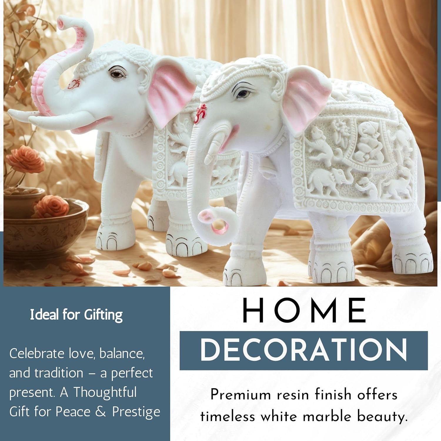 Harmony Marble Elephants Set of 2 – Trunk Up 8” & Trunk Down 7” Polyresin Marble Dust Showpiece Statue for Positivity, Vastu Decor, Feng Shui, Festival Gifting & Home — photo — 2 of 9