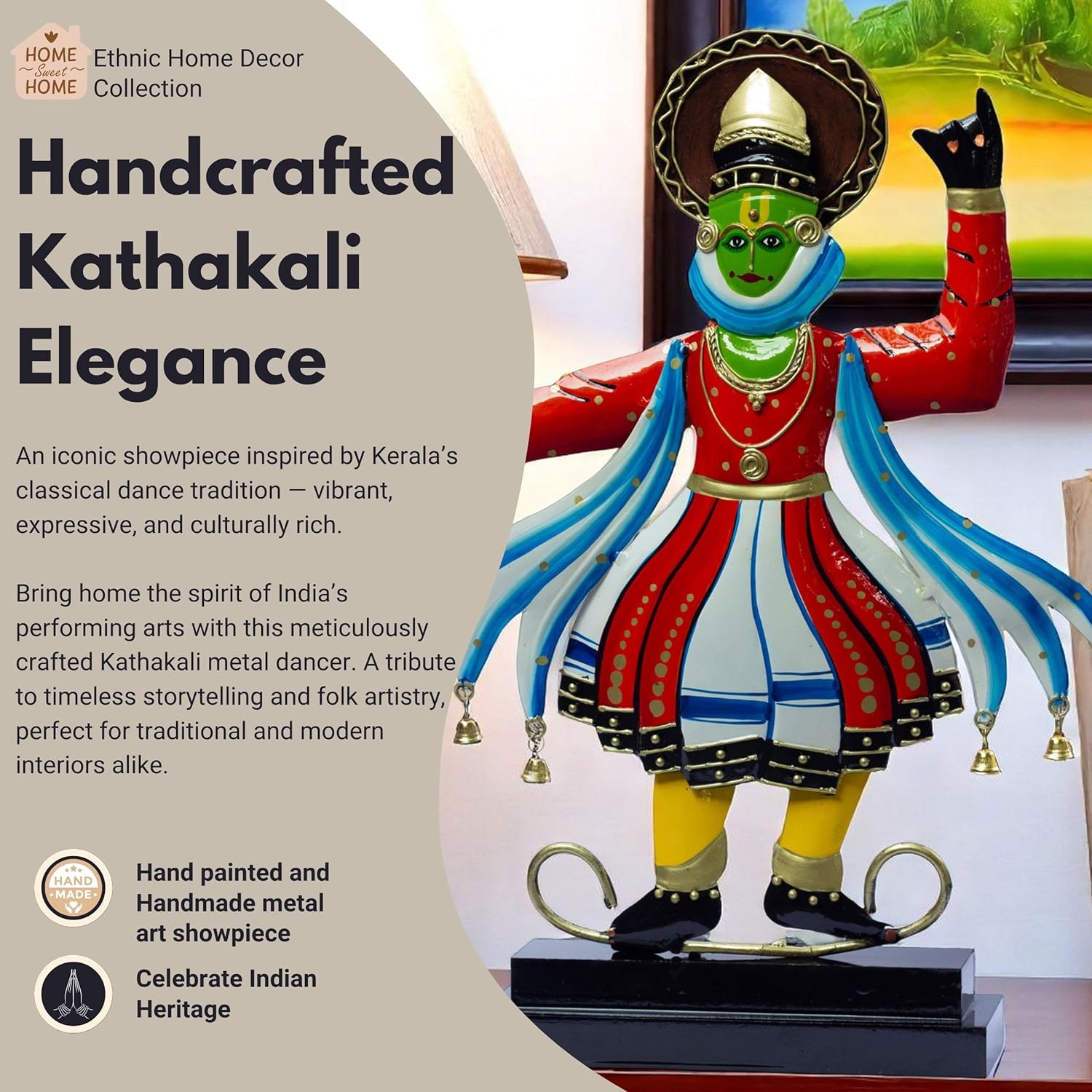 Kathakali Dancer Metal Showpiece – Traditional Kerala Folk Art Classical Dance Figurine – Home Decor Statue for Living Room, Gifting (12x18 inch) — photo — 4 of 9