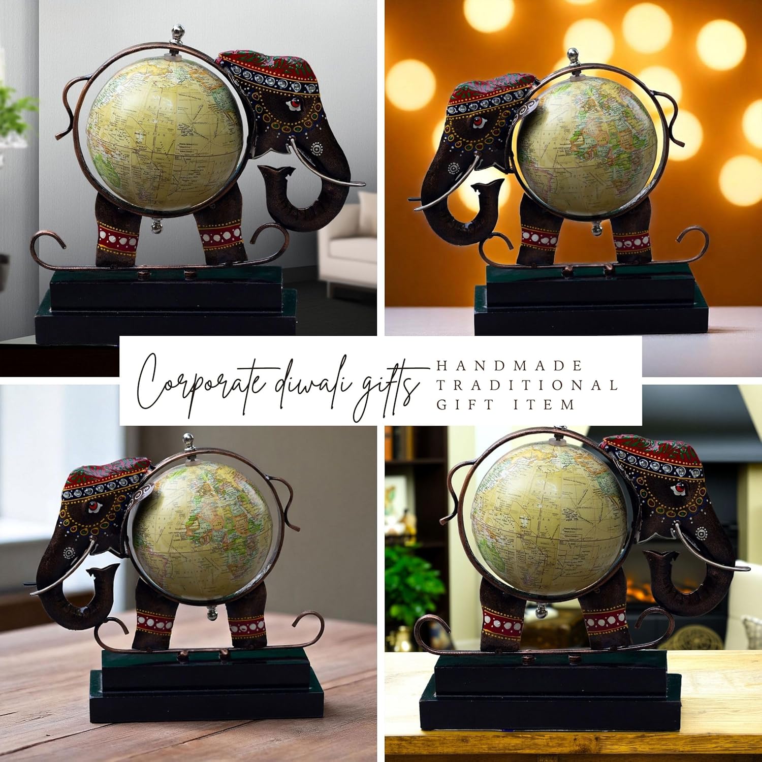 Metal Elephant Showpiece with Globe | Traditional Handicraft for Home & Office Decor | Globe for Study Table, Corporate Diwali Gift — photo — 4 of 7