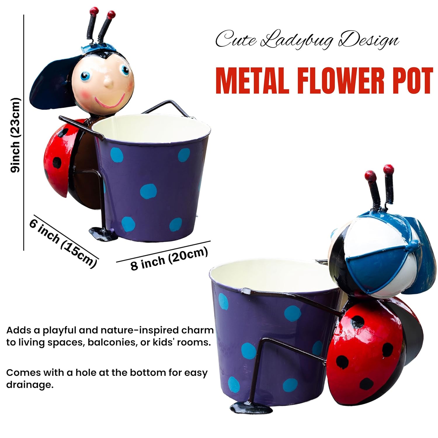 Ladybug Metal Plant Pot – Cute Decorative Planter for Succulents, Bonsai, Flowers – Indoor Outdoor Garden Decor for Table, Home Decor, Office, Balcony (Red Ladybug) — photo — 4 of 8