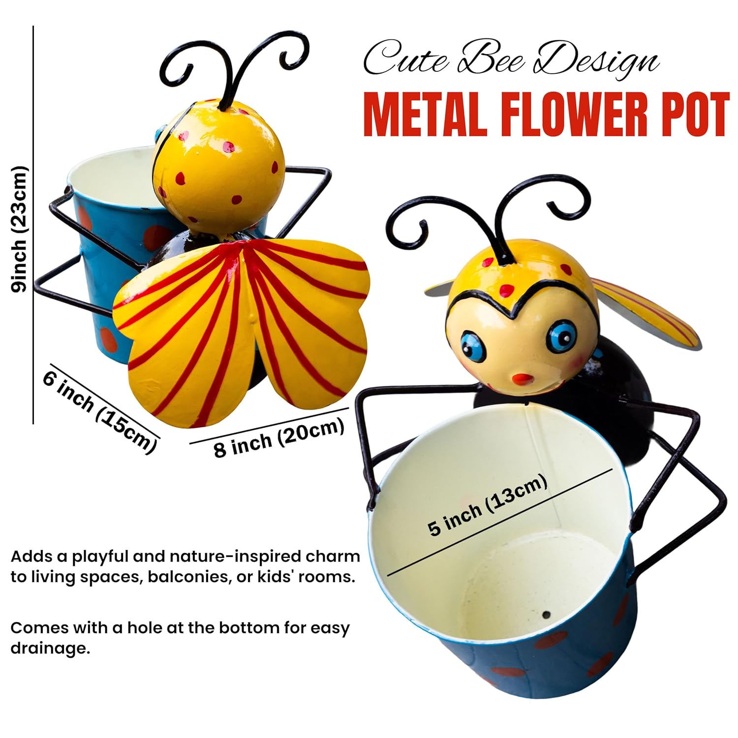 Cheerful Bee Metal Plant Pot – Cute Decorative Planter for Succulents, Bonsai, Flowers – Indoor Outdoor Garden Decor for Table, Home Decor, Office, Balcony — photo — 6 of 9