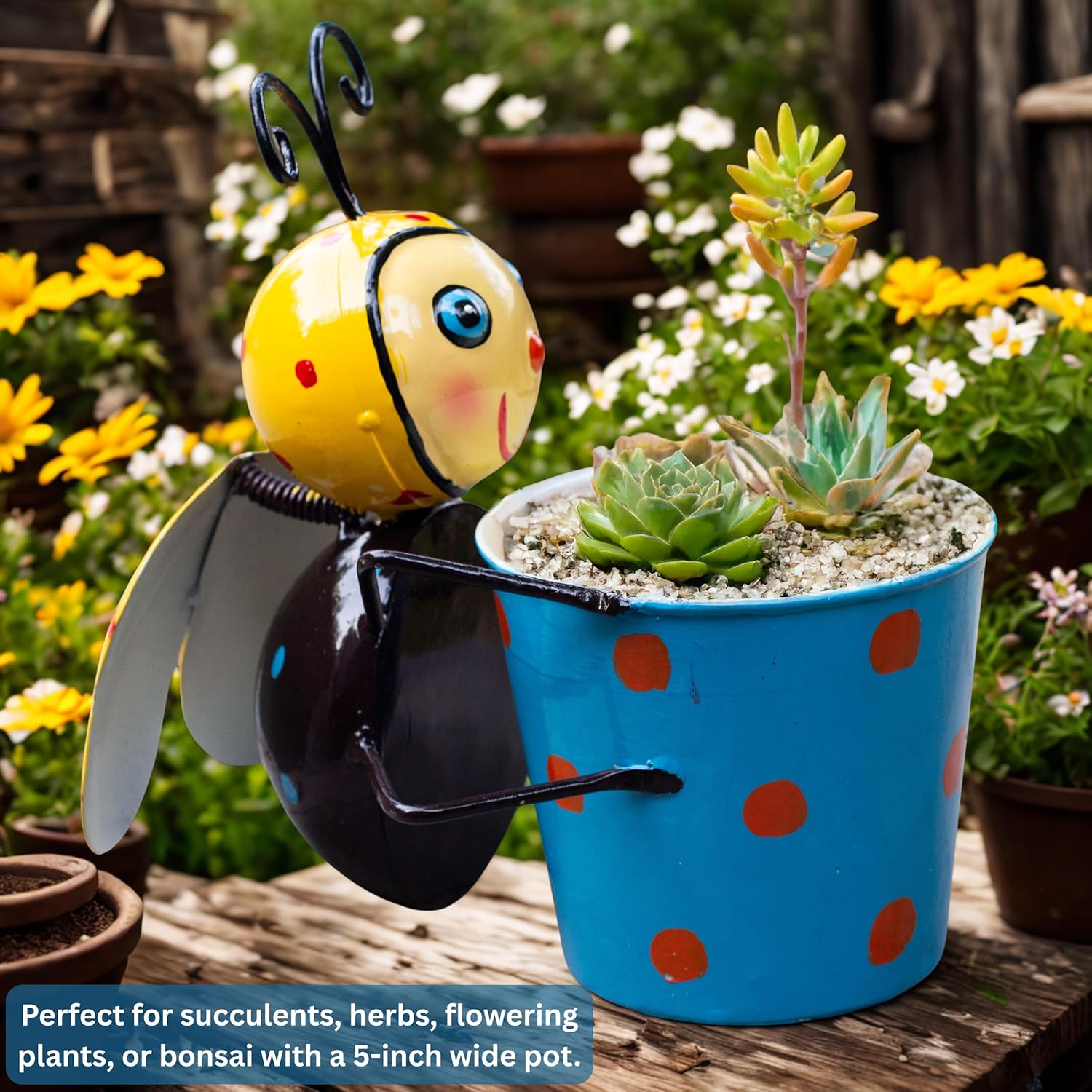 Cheerful Bee Metal Plant Pot – Cute Decorative Planter for Succulents, Bonsai, Flowers – Indoor Outdoor Garden Decor for Table, Home Decor, Office, Balcony — photo — 3 of 9