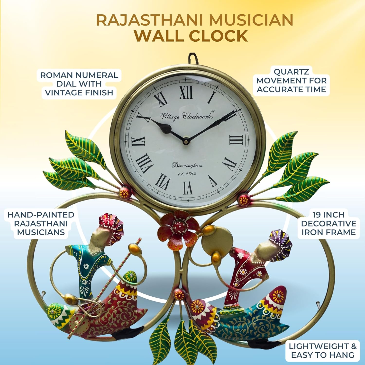 Rajasthani Musician Iron Wall Art with Clock – 18 Inch Handcrafted Folk Decor for Living Room, Hallway, Office, Diwali Gift — photo — 4 of 8