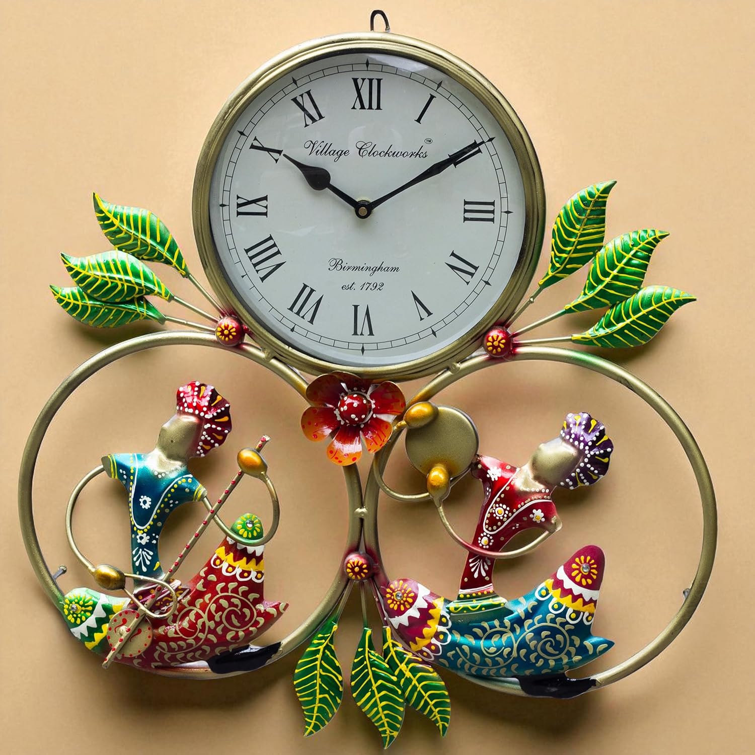 Rajasthani Musician Iron Wall Art with Clock – 18 Inch Handcrafted Folk Decor for Living Room, Hallway, Office, Diwali Gift