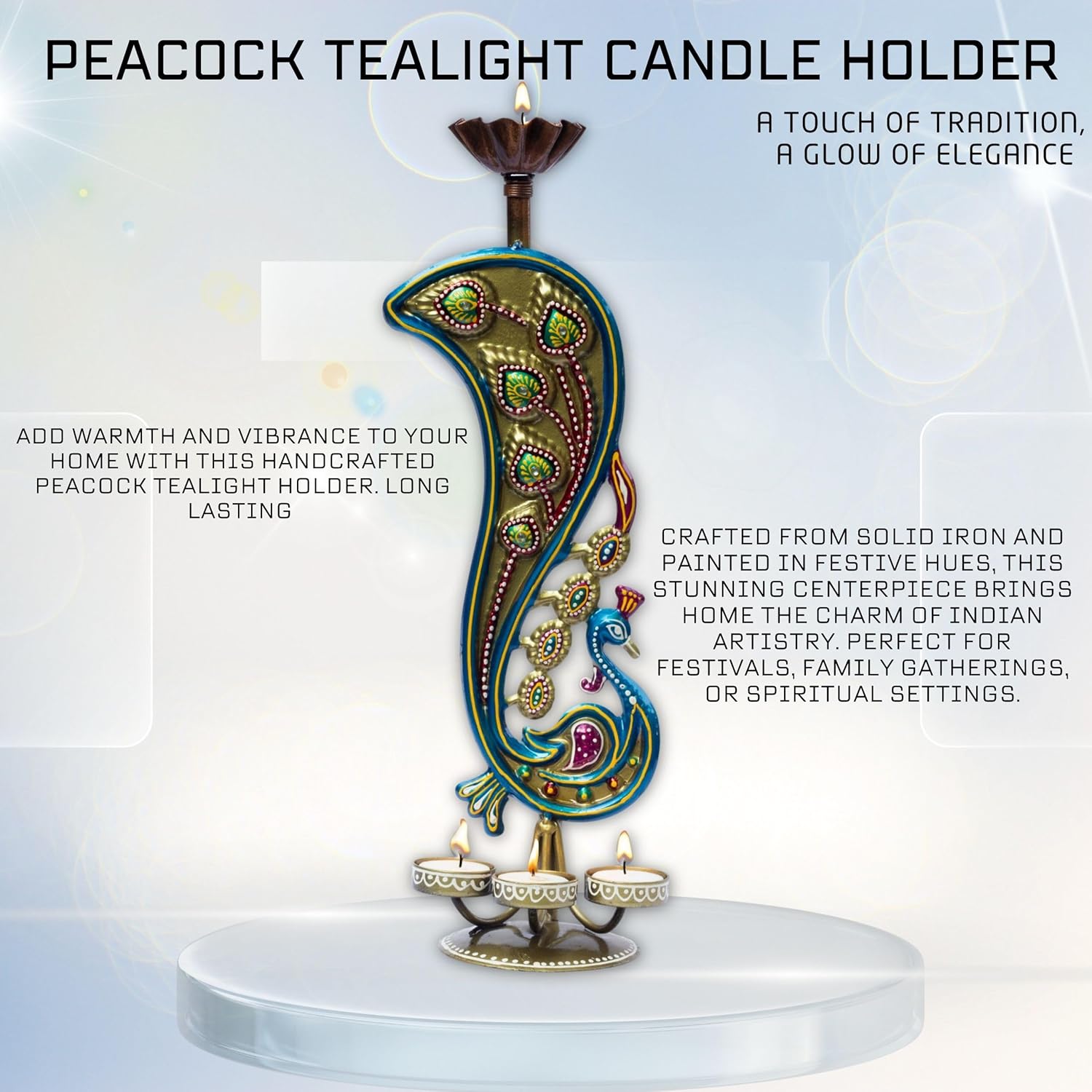 Handcrafted Peacock Tealight Candle Holder – Iron Tabletop Showpiece for Home Decor & Office | 17 Inch T-Light for Diwali Navratri Festival Gift — photo — 6 of 8