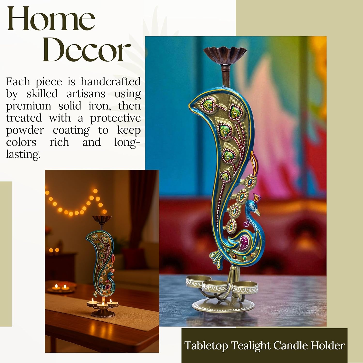 Handcrafted Peacock Tealight Candle Holder – Iron Tabletop Showpiece for Home Decor & Office | 17 Inch T-Light for Diwali Navratri Festival Gift — photo — 7 of 8