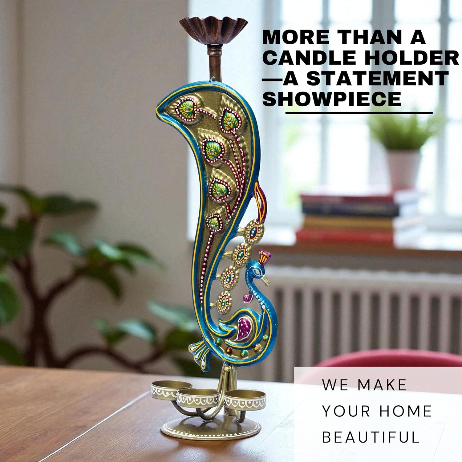 Handcrafted Peacock Tealight Candle Holder – Iron Tabletop Showpiece for Home Decor & Office | 17 Inch T-Light for Diwali Navratri Festival Gift — photo — 3 of 8