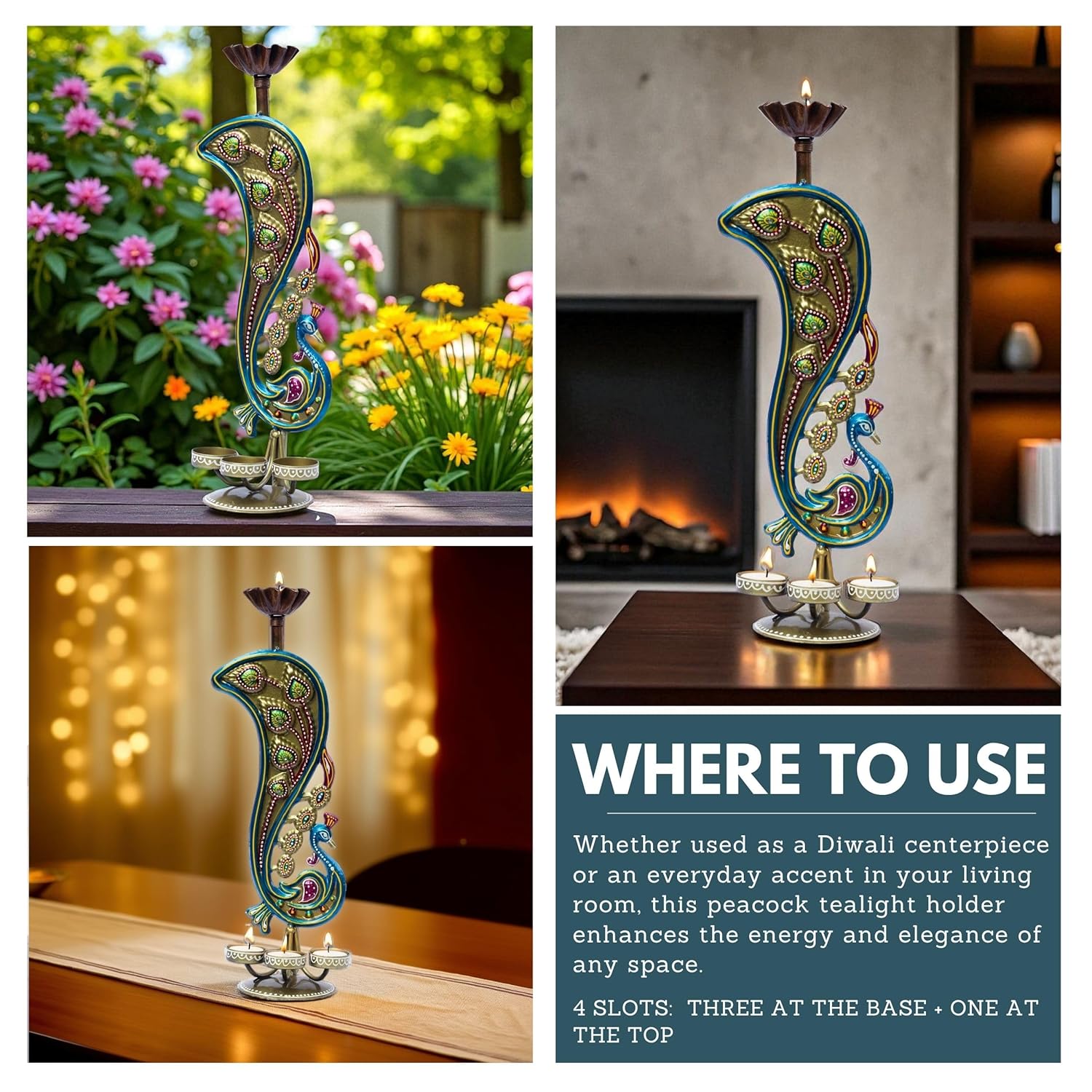 Handcrafted Peacock Tealight Candle Holder – Iron Tabletop Showpiece for Home Decor & Office | 17 Inch T-Light for Diwali Navratri Festival Gift — photo — 2 of 8