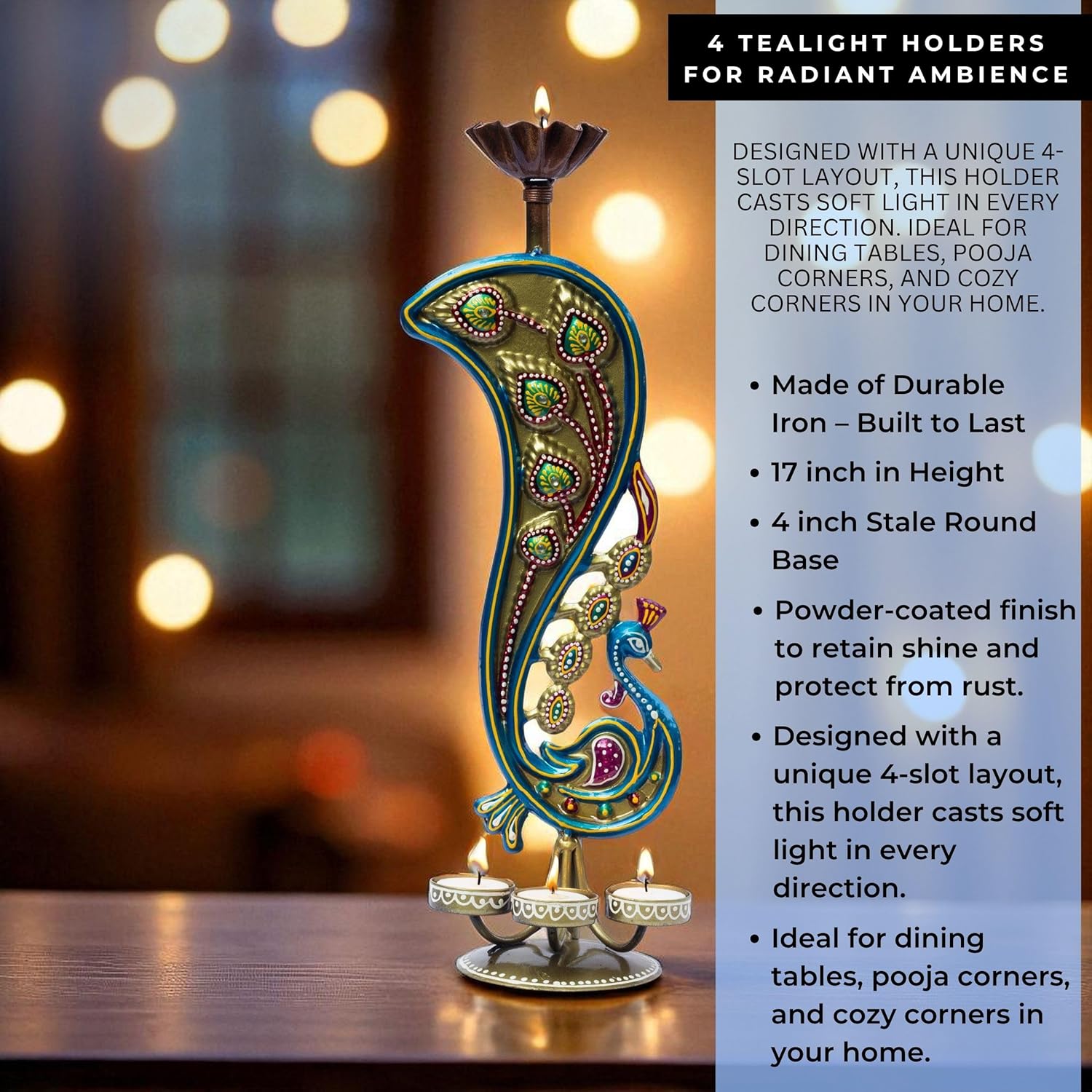 Handcrafted Peacock Tealight Candle Holder – Iron Tabletop Showpiece for Home Decor & Office | 17 Inch T-Light for Diwali Navratri Festival Gift — photo — 8 of 8