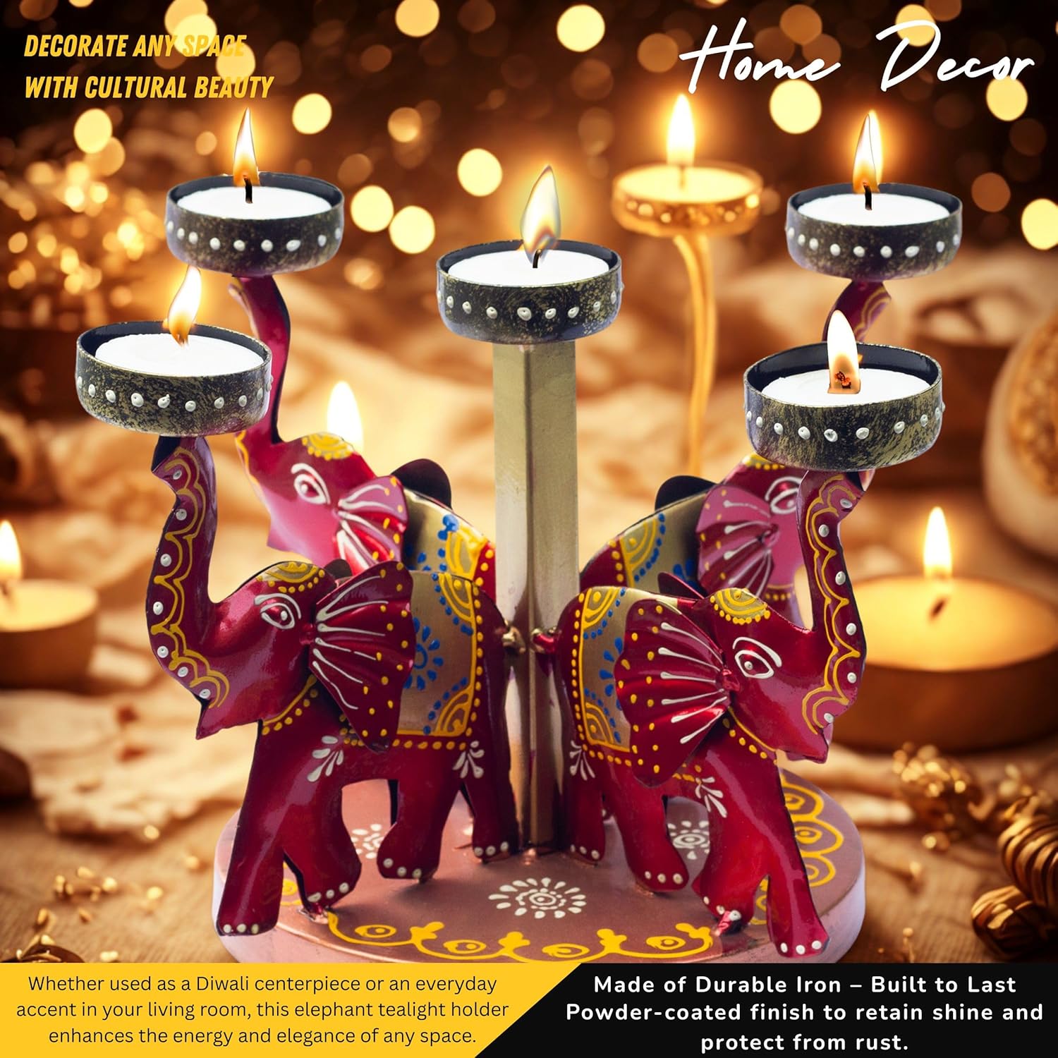 Elephant Tealight Candle Holder – Iron Tabletop Showpiece for Home Decor, Entrance & Office | 5 T-Light Slots for Diwali Navratri Festival Gift & Weddings — photo — 4 of 8