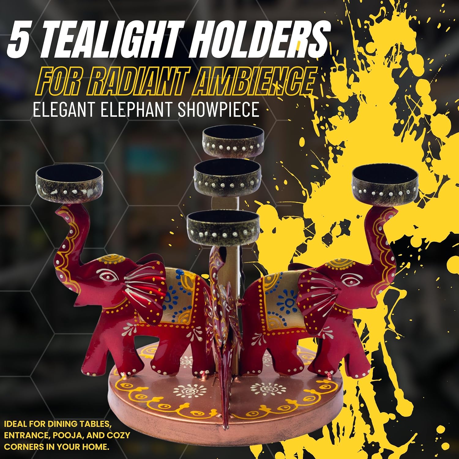 Elephant Tealight Candle Holder – Iron Tabletop Showpiece for Home Decor, Entrance & Office | 5 T-Light Slots for Diwali Navratri Festival Gift & Weddings — photo — 3 of 8