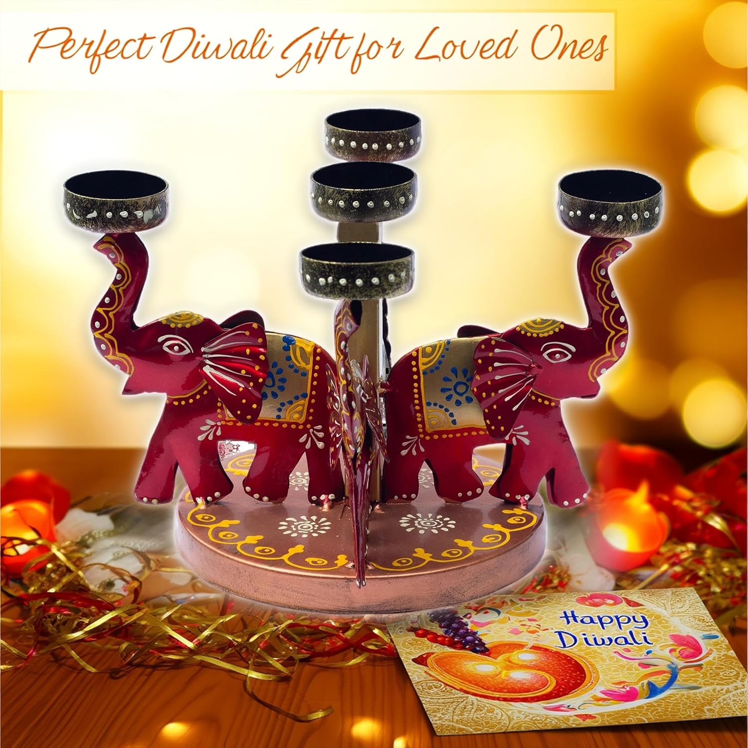 Elephant Tealight Candle Holder – Iron Tabletop Showpiece for Home Decor, Entrance & Office | 5 T-Light Slots for Diwali Navratri Festival Gift & Weddings — photo — 7 of 8