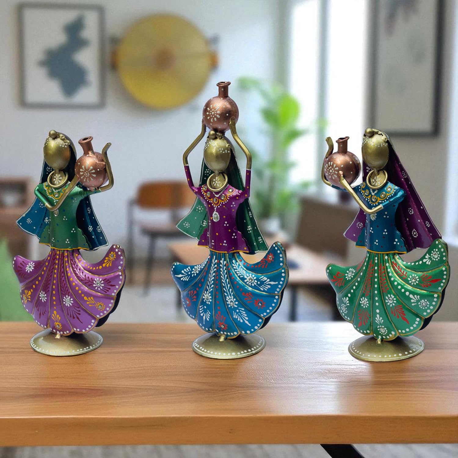 Set of 3 Panihari Village Girl Figurines – Handcrafted Iron Metal Showpieces Traditional Rajasthani Dolls for Home Decor, Entrance & Festival Gifting