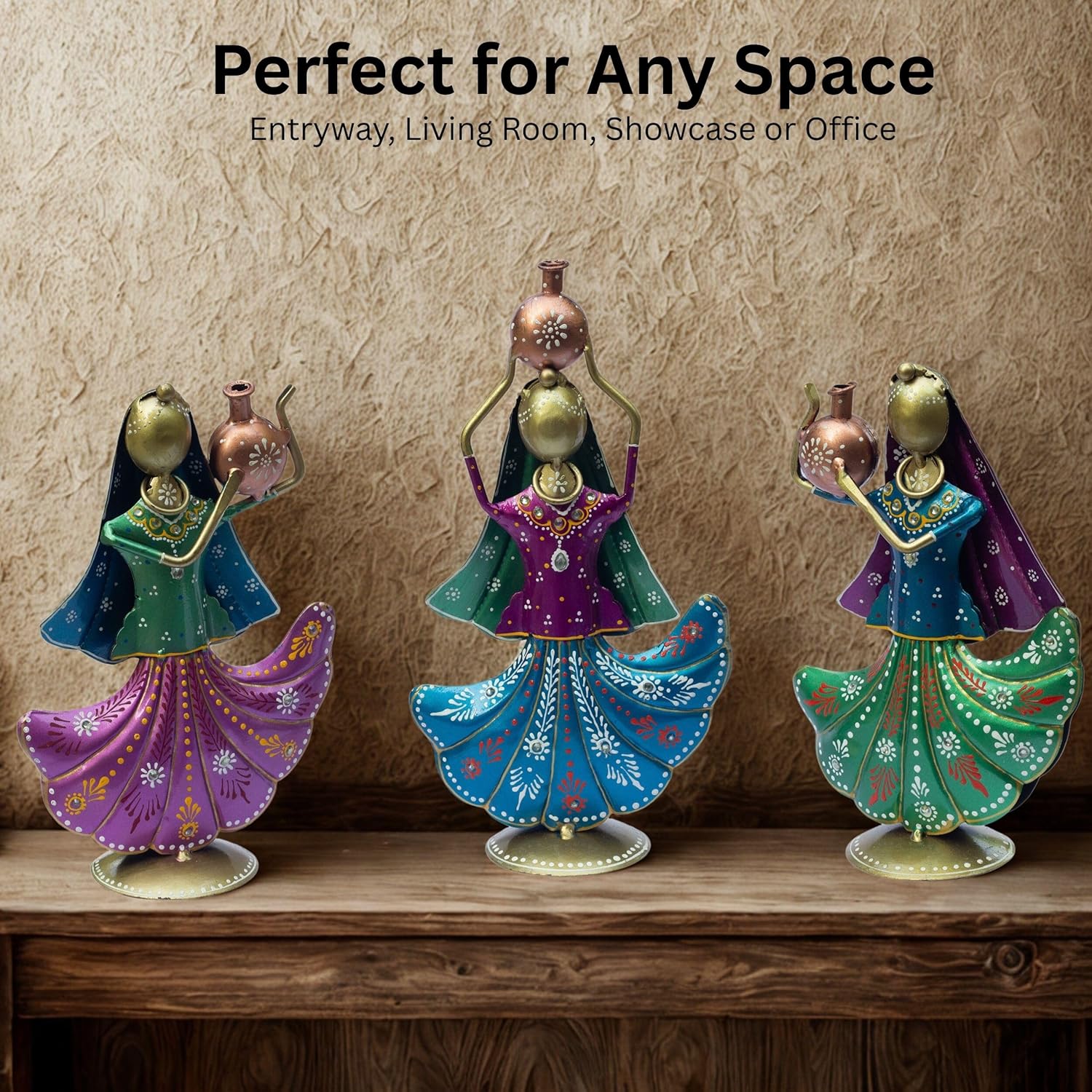 Set of 3 Panihari Village Girl Figurines – Handcrafted Iron Metal Showpieces Traditional Rajasthani Dolls for Home Decor, Entrance & Festival Gifting — photo — 2 of 8