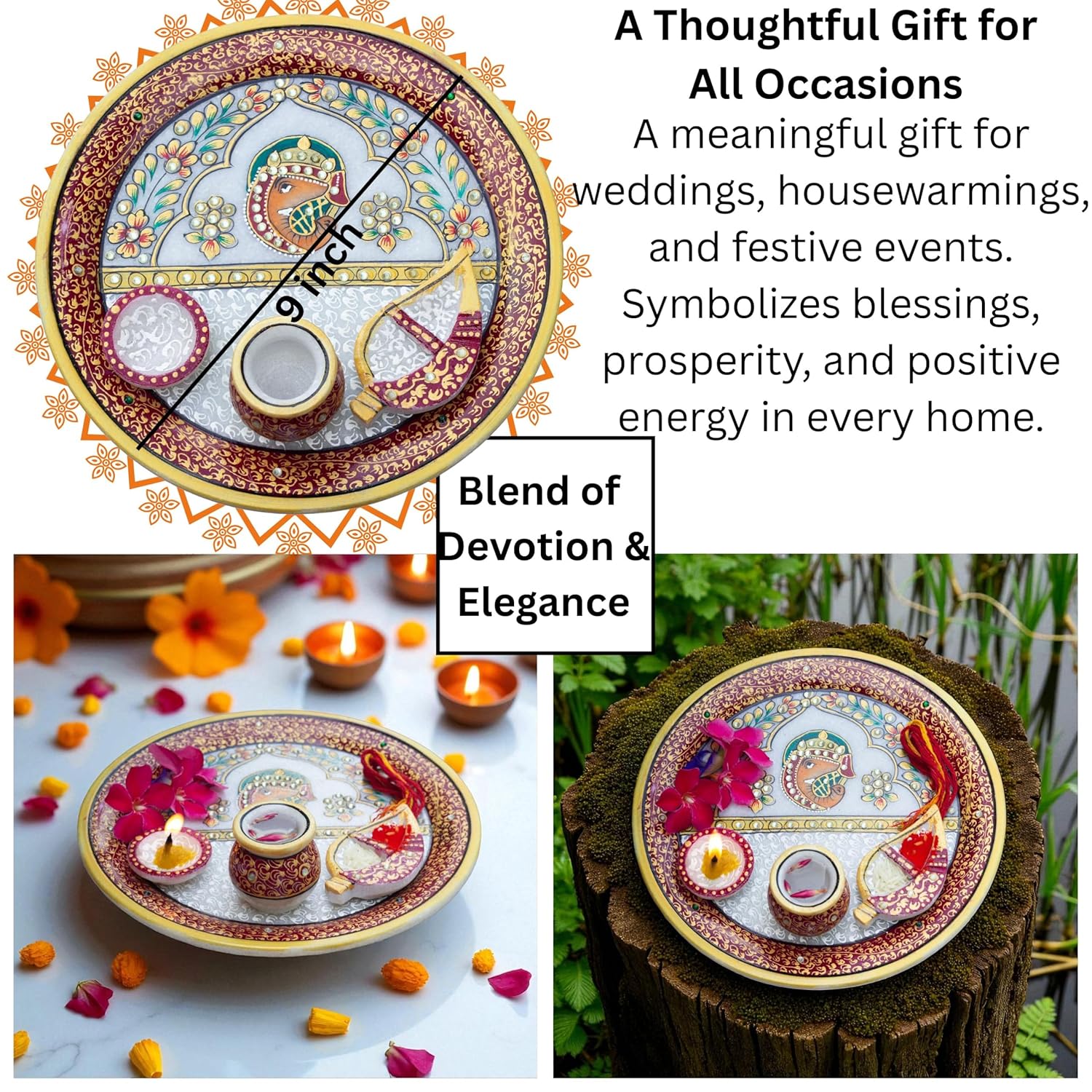 Marble Pooja Thali with Meenakari Work – 9 Inch Laddu Gopal Pooja Plate Set | Decorative Thali Kalash for Mandir Aarti, Grih Pravesh & Festival Gift (9inch) — photo — 4 of 7