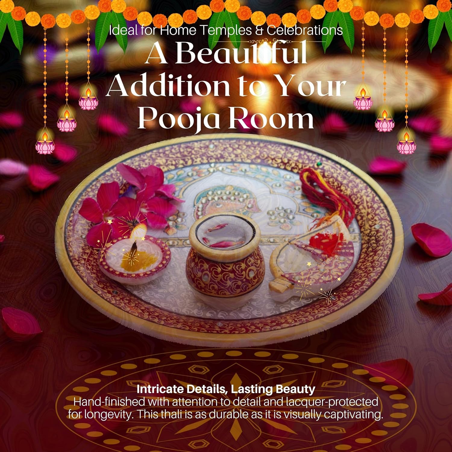 Marble Pooja Thali with Meenakari Work – 9 Inch Laddu Gopal Pooja Plate Set | Decorative Thali Kalash for Mandir Aarti, Grih Pravesh & Festival Gift (9inch) — photo — 3 of 7