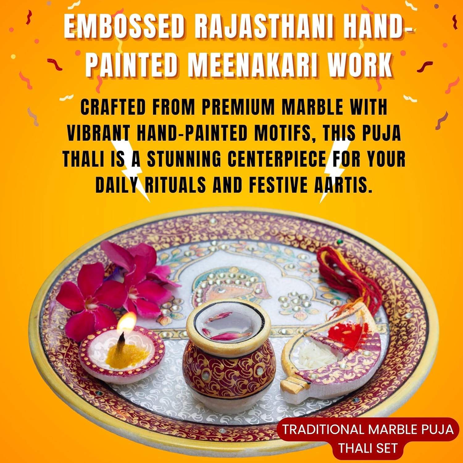 Marble Pooja Thali with Meenakari Work – 9 Inch Laddu Gopal Pooja Plate Set | Decorative Thali Kalash for Mandir Aarti, Grih Pravesh & Festival Gift (9inch) — photo — 2 of 7