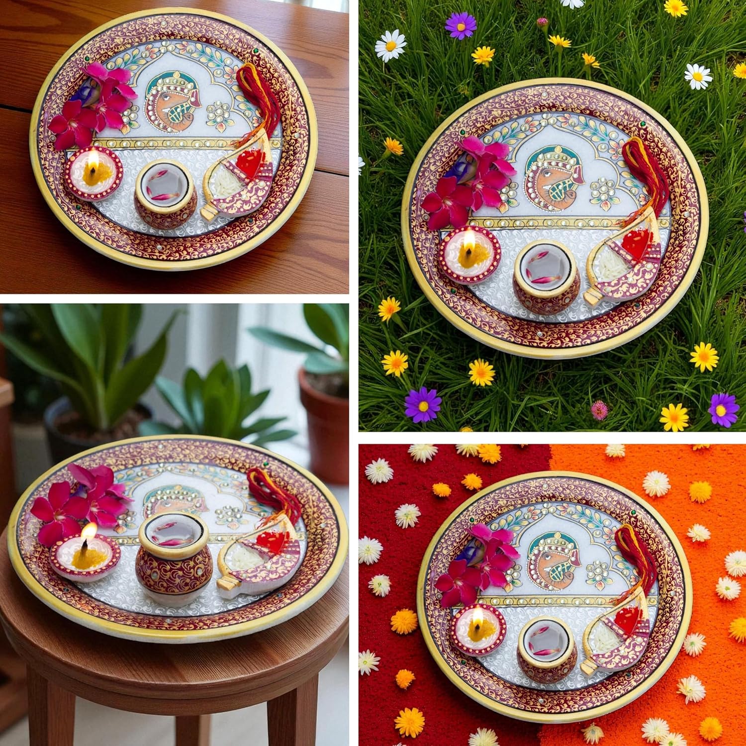 Marble Pooja Thali with Meenakari Work – 9 Inch Laddu Gopal Pooja Plate Set | Decorative Thali Kalash for Mandir Aarti, Grih Pravesh & Festival Gift (9inch) — photo — 7 of 7