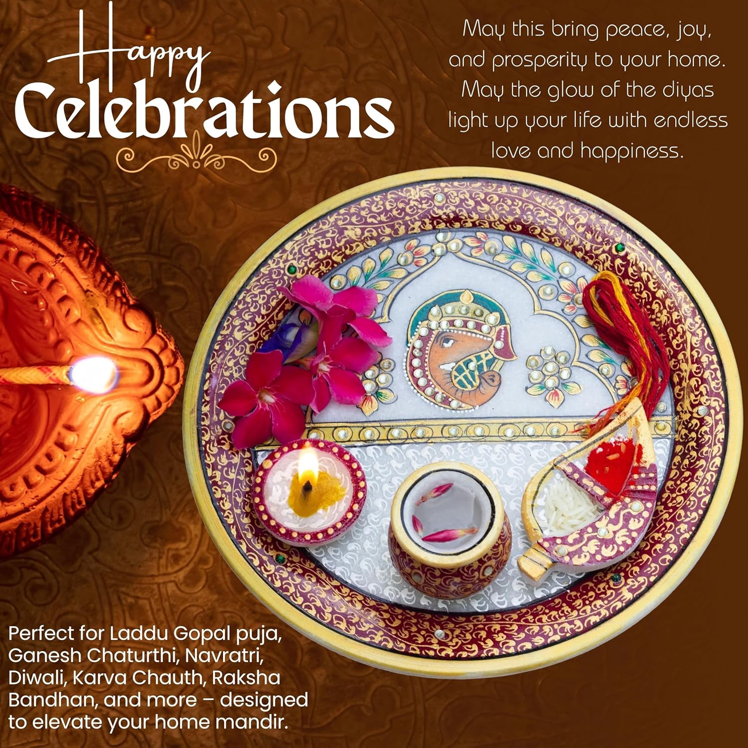 Marble Pooja Thali with Meenakari Work – 9 Inch Laddu Gopal Pooja Plate Set | Decorative Thali Kalash for Mandir Aarti, Grih Pravesh & Festival Gift (9inch) — photo — 5 of 7