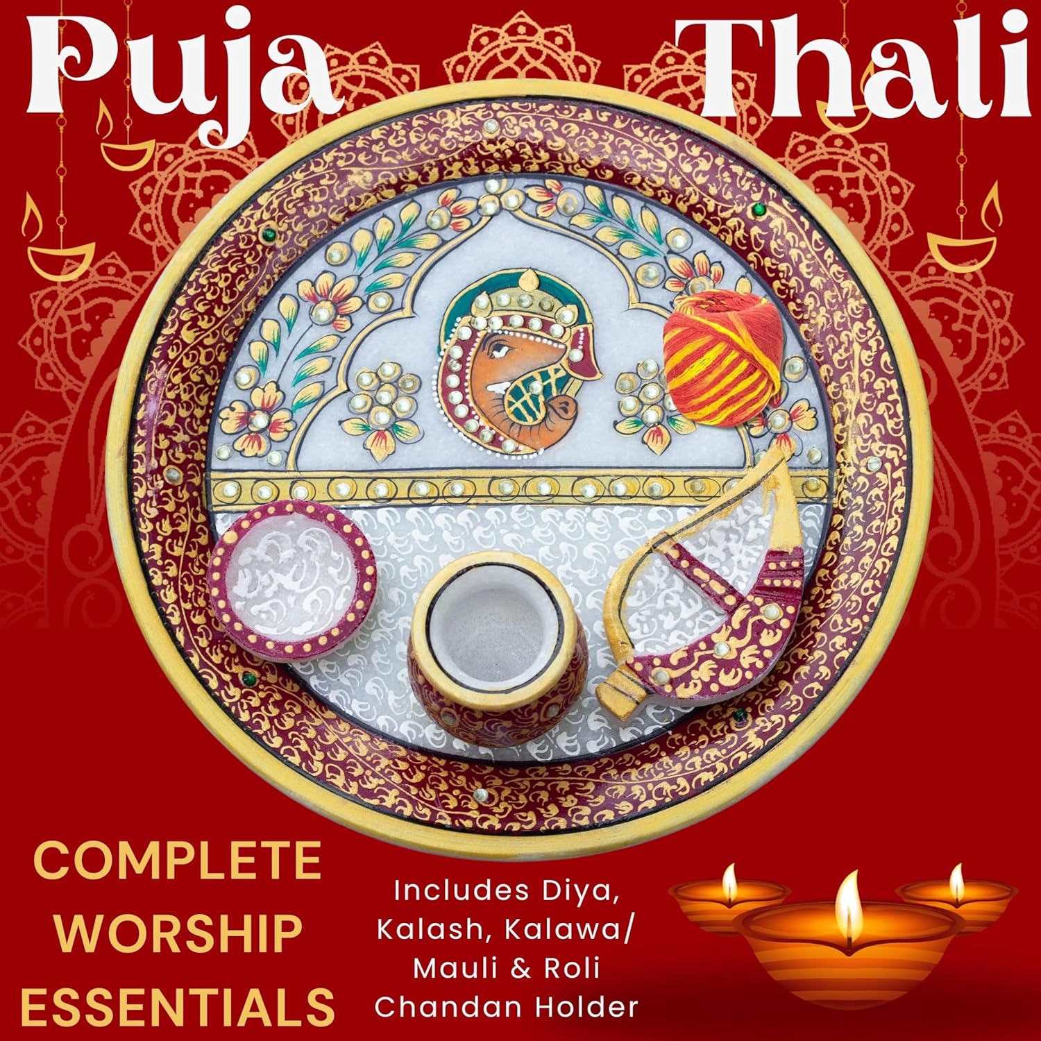 Marble Pooja Thali with Meenakari Work – 9 Inch Laddu Gopal Pooja Plate Set | Decorative Thali Kalash for Mandir Aarti, Grih Pravesh & Festival Gift (9inch) — photo — 6 of 7