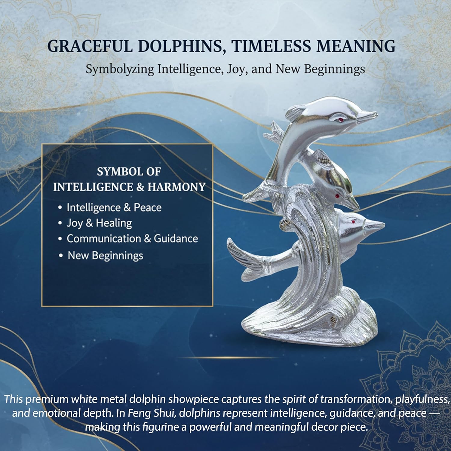 Premium White Metal Dolphin Showpiece – 9 Inch Silver Finish Figurine | Elegant Home & Office Decor, Living Room Table Accent & Feng Shui Gift — photo — 3 of 8