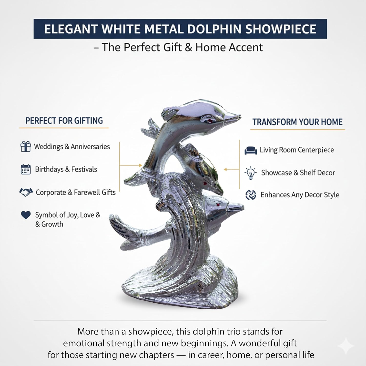 Premium White Metal Dolphin Showpiece – 9 Inch Silver Finish Figurine | Elegant Home & Office Decor, Living Room Table Accent & Feng Shui Gift — photo — 6 of 8