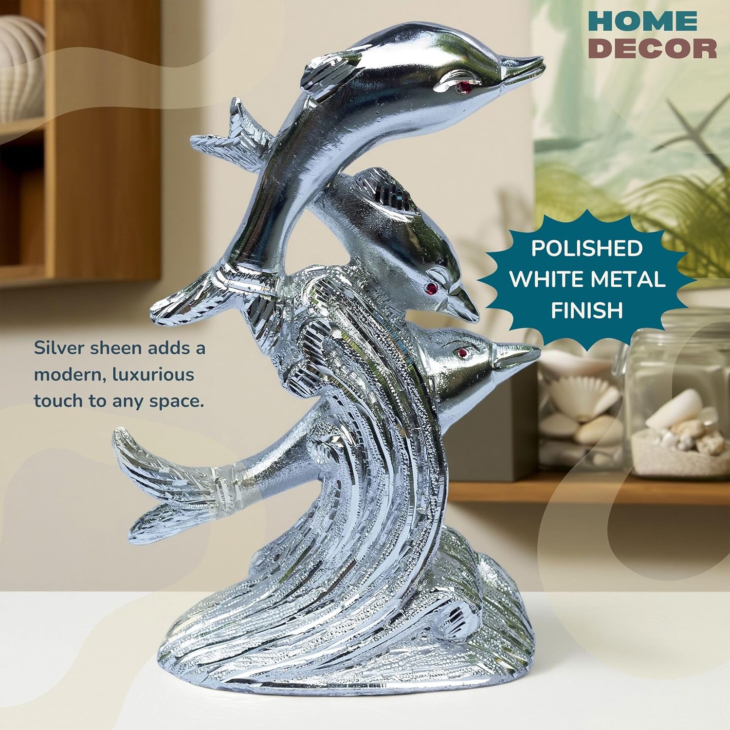 Premium White Metal Dolphin Showpiece – 9 Inch Silver Finish Figurine | Elegant Home & Office Decor, Living Room Table Accent & Feng Shui Gift — photo — 4 of 8