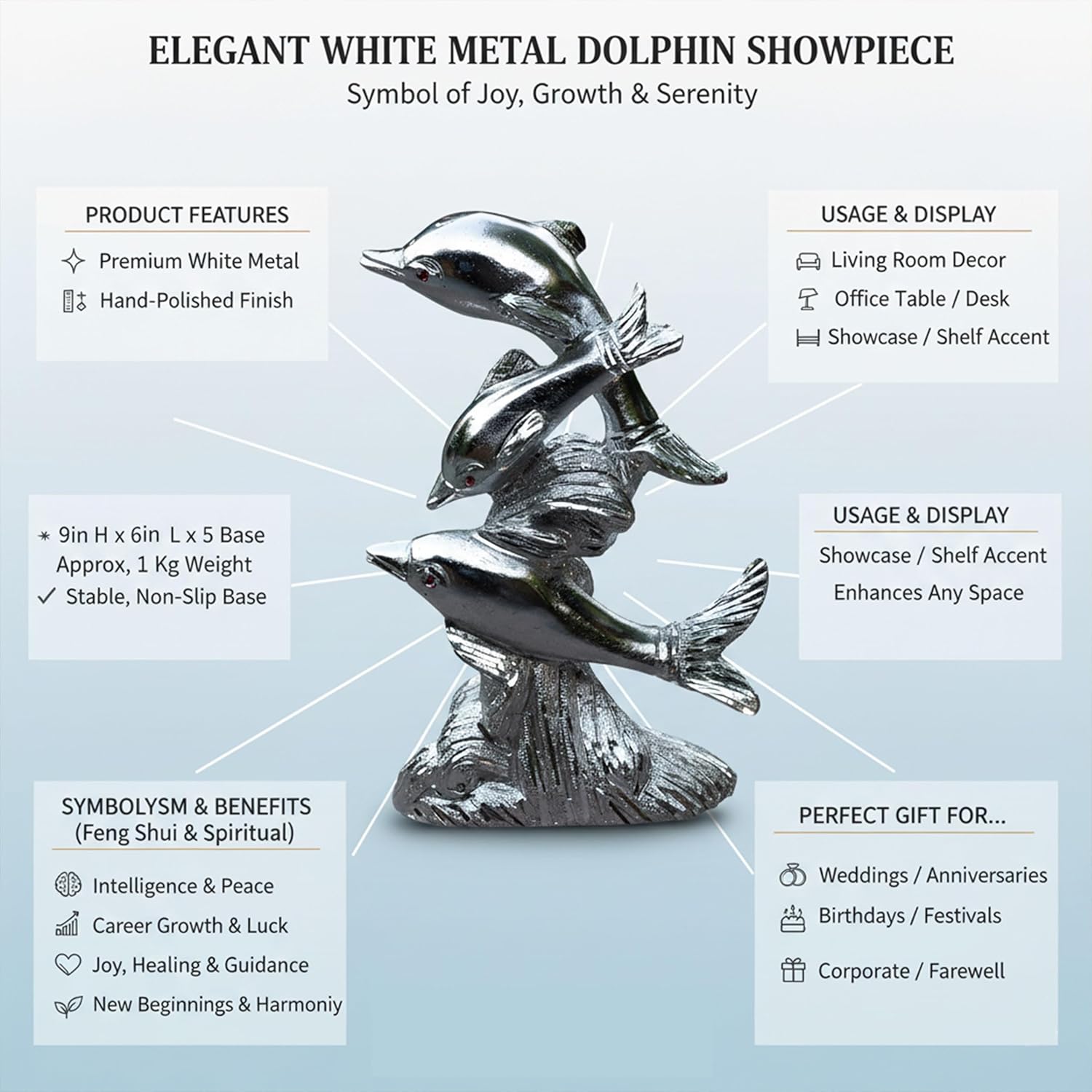 Premium White Metal Dolphin Showpiece – 9 Inch Silver Finish Figurine | Elegant Home & Office Decor, Living Room Table Accent & Feng Shui Gift — photo — 2 of 8
