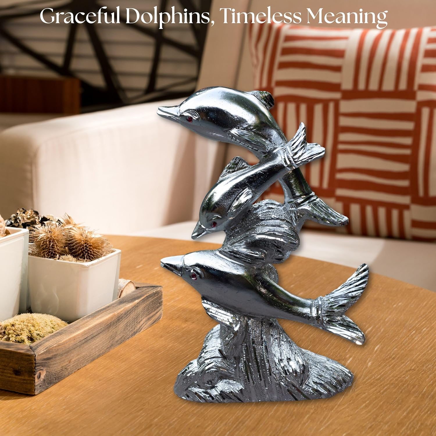 Premium White Metal Dolphin Showpiece – 9 Inch Silver Finish Figurine | Elegant Home & Office Decor, Living Room Table Accent & Feng Shui Gift — photo — 7 of 8