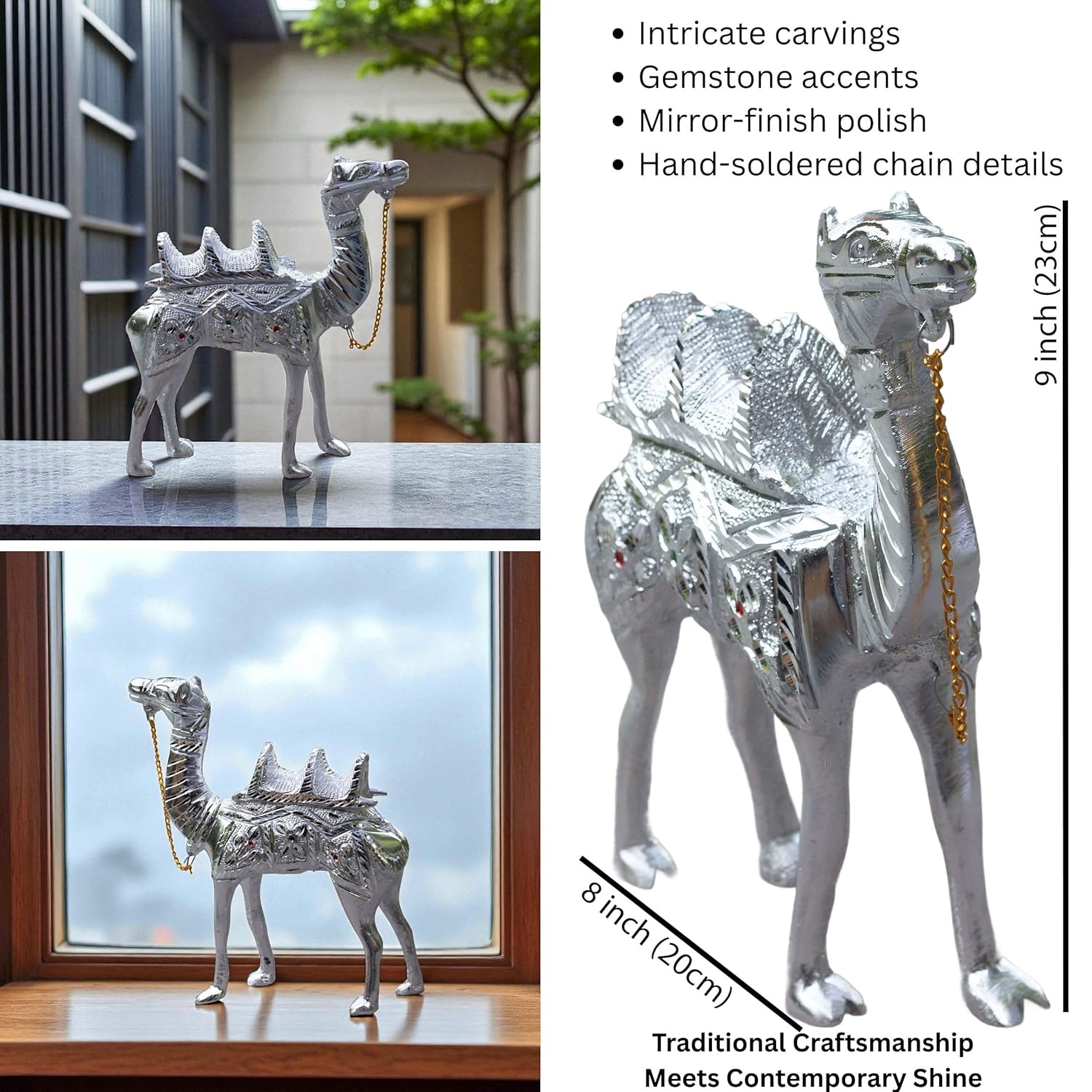 White Metal Camel Showpiece – 9 Inch Silver Finish Figurine | Handcrafted Decorative Animal Statue for Home & Office Decor — photo — 7 of 8