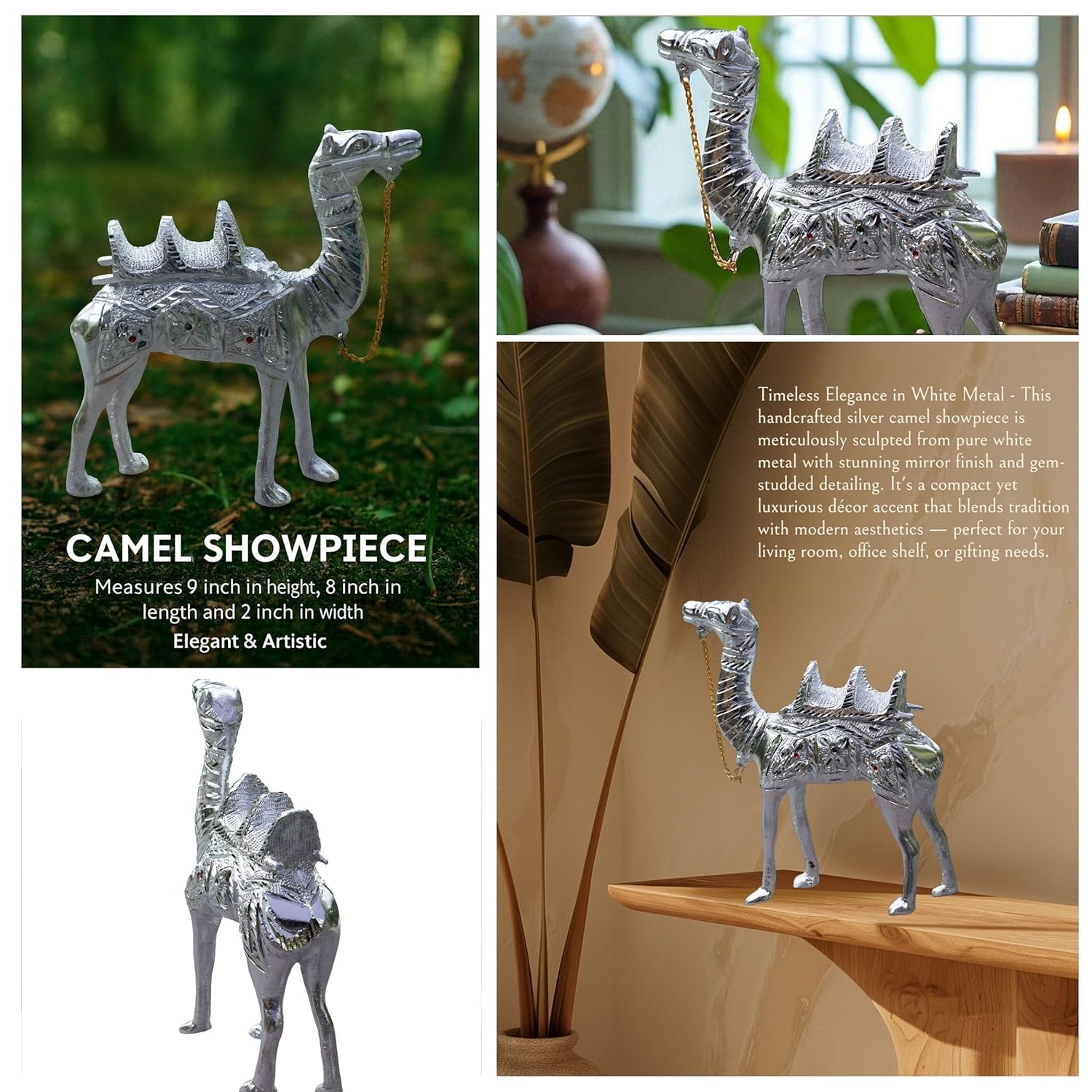 White Metal Camel Showpiece – 9 Inch Silver Finish Figurine | Handcrafted Decorative Animal Statue for Home & Office Decor — photo — 4 of 8
