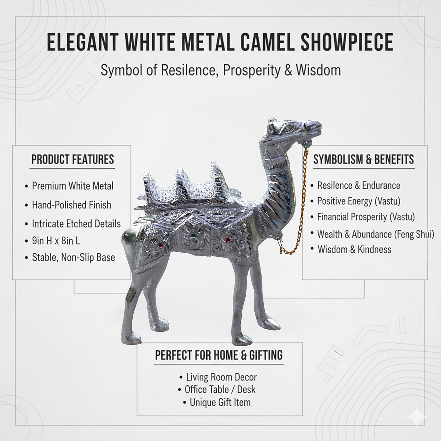 White Metal Camel Showpiece – 9 Inch Silver Finish Figurine | Handcrafted Decorative Animal Statue for Home & Office Decor — photo — 3 of 8