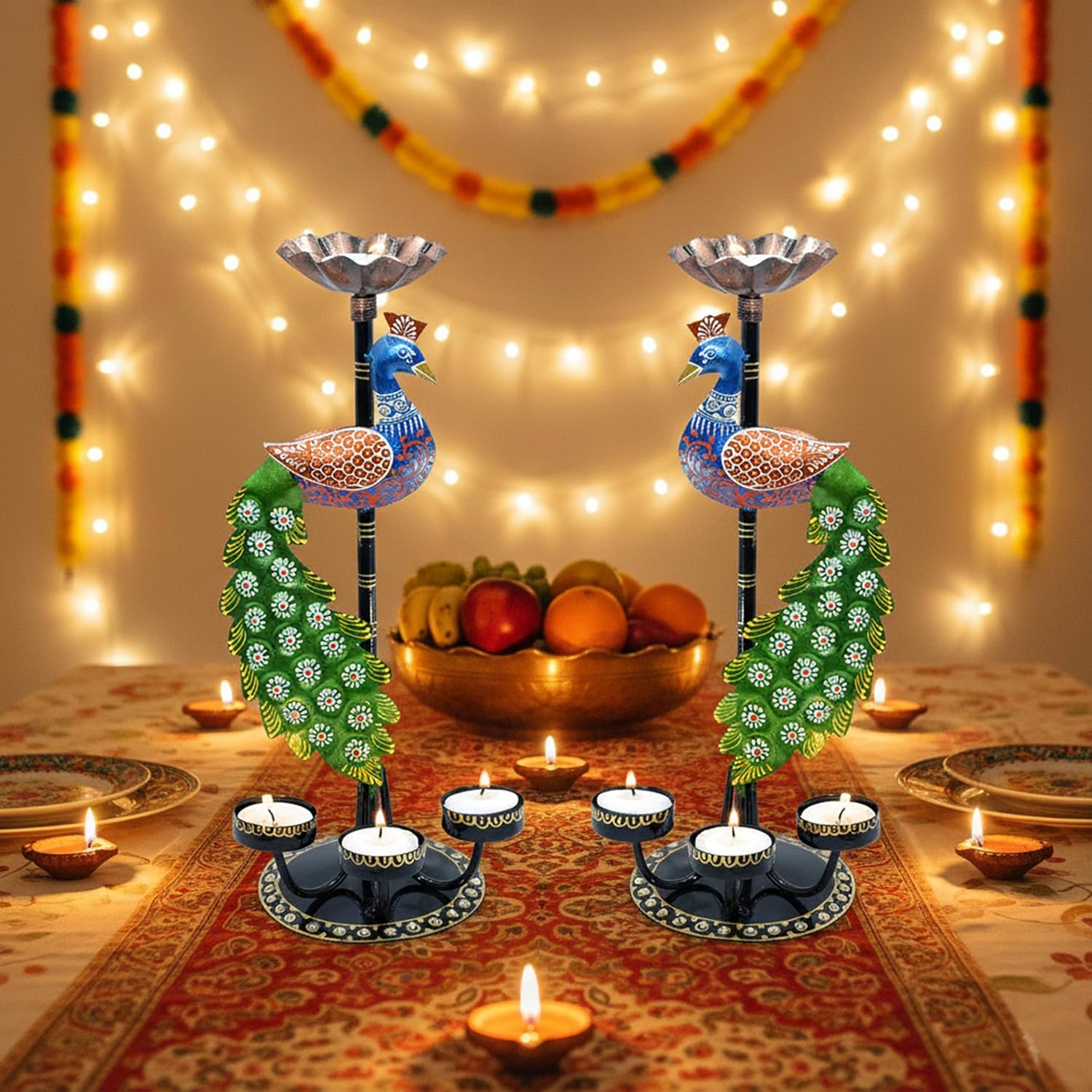 Set of 2 Peacock Tealight Candle Holders – Left Right Facing Decorative Metal Candle Stands with 4 Slots Each | Vibrant Tabletop Home Decor & Diwali/Navratra Gift Item (13 Inch) — photo — 8 of 8