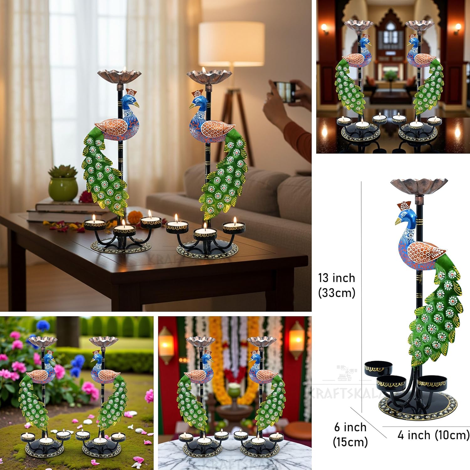 Set of 2 Peacock Tealight Candle Holders – Left Right Facing Decorative Metal Candle Stands with 4 Slots Each | Vibrant Tabletop Home Decor & Diwali/Navratra Gift Item (13 Inch) — photo — 4 of 8