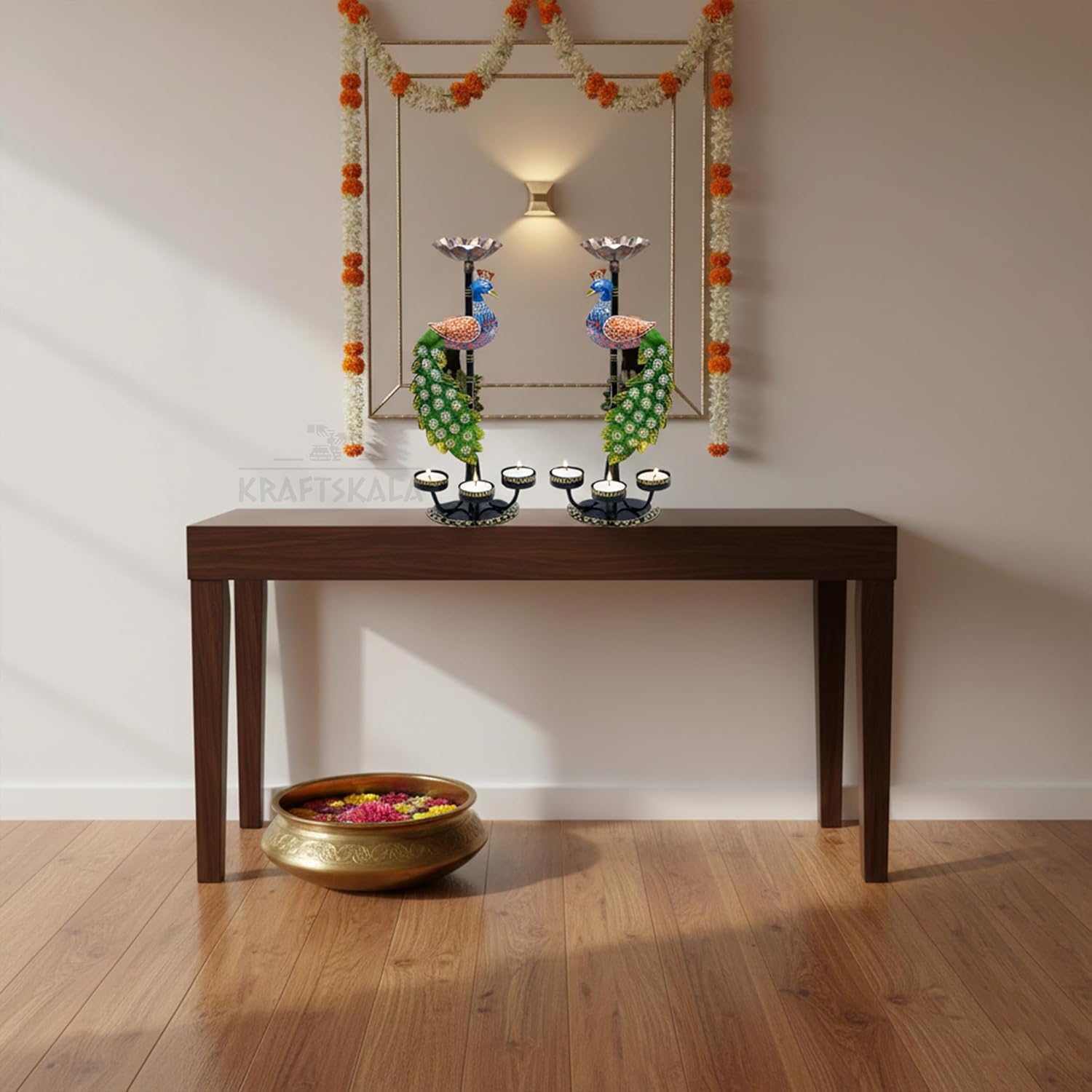 Set of 2 Peacock Tealight Candle Holders – Left Right Facing Decorative Metal Candle Stands with 4 Slots Each | Vibrant Tabletop Home Decor & Diwali/Navratra Gift Item (13 Inch) — photo — 7 of 8