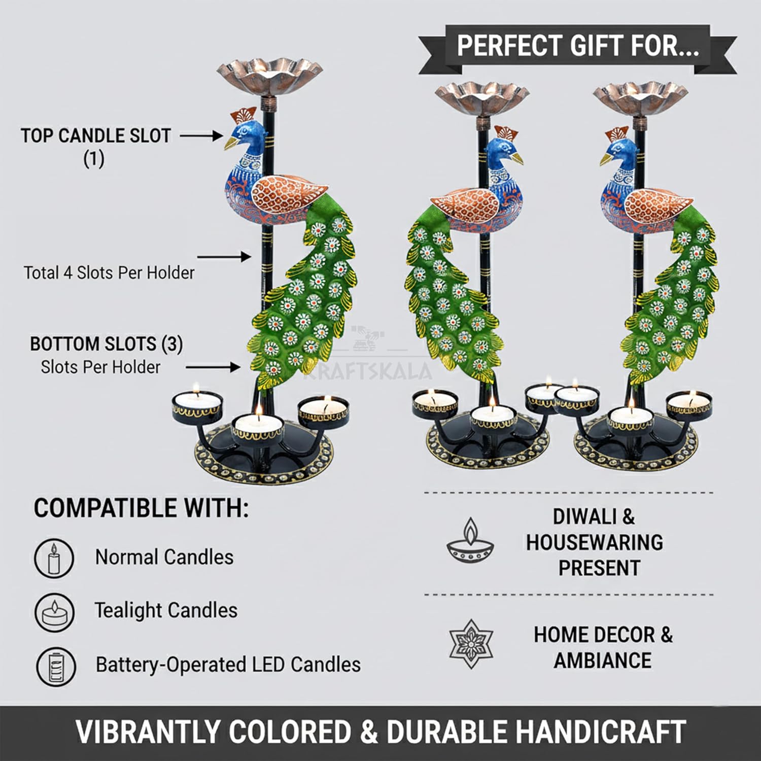 Set of 2 Peacock Tealight Candle Holders – Left Right Facing Decorative Metal Candle Stands with 4 Slots Each | Vibrant Tabletop Home Decor & Diwali/Navratra Gift Item (13 Inch) — photo — 3 of 8