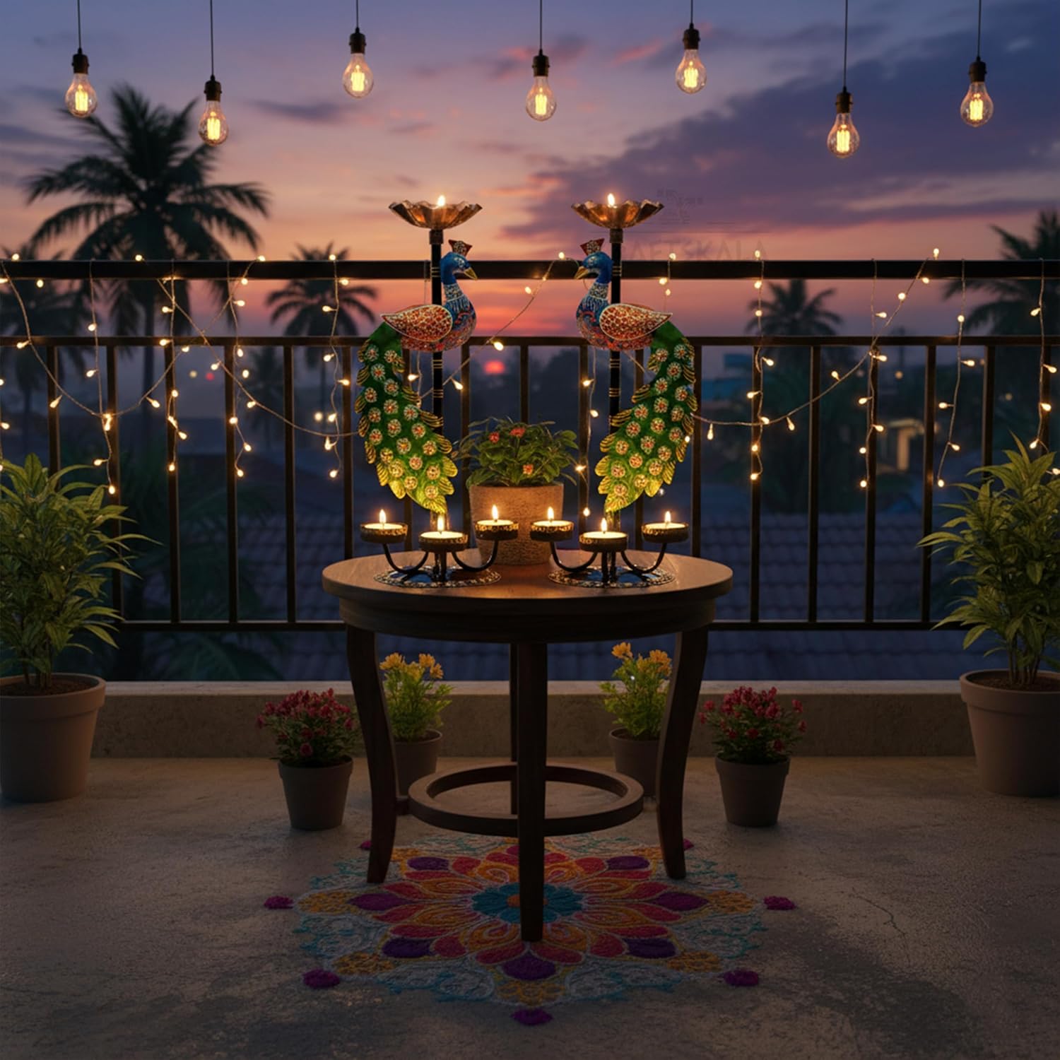 Set of 2 Peacock Tealight Candle Holders – Left Right Facing Decorative Metal Candle Stands with 4 Slots Each | Vibrant Tabletop Home Decor & Diwali/Navratra Gift Item (13 Inch) — photo — 2 of 8