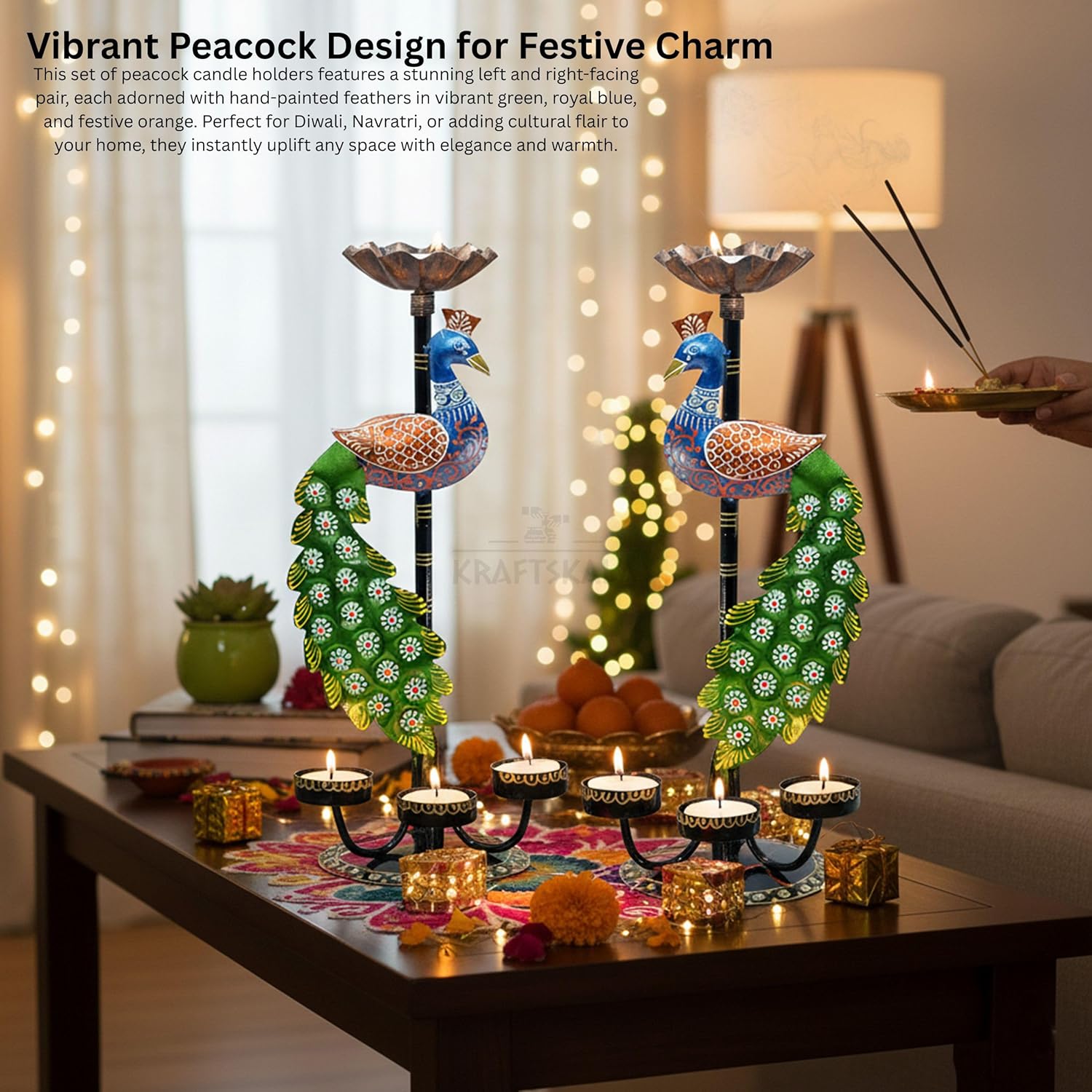 Set of 2 Peacock Tealight Candle Holders – Left Right Facing Decorative Metal Candle Stands with 4 Slots Each | Vibrant Tabletop Home Decor & Diwali/Navratra Gift Item (13 Inch) — photo — 5 of 8