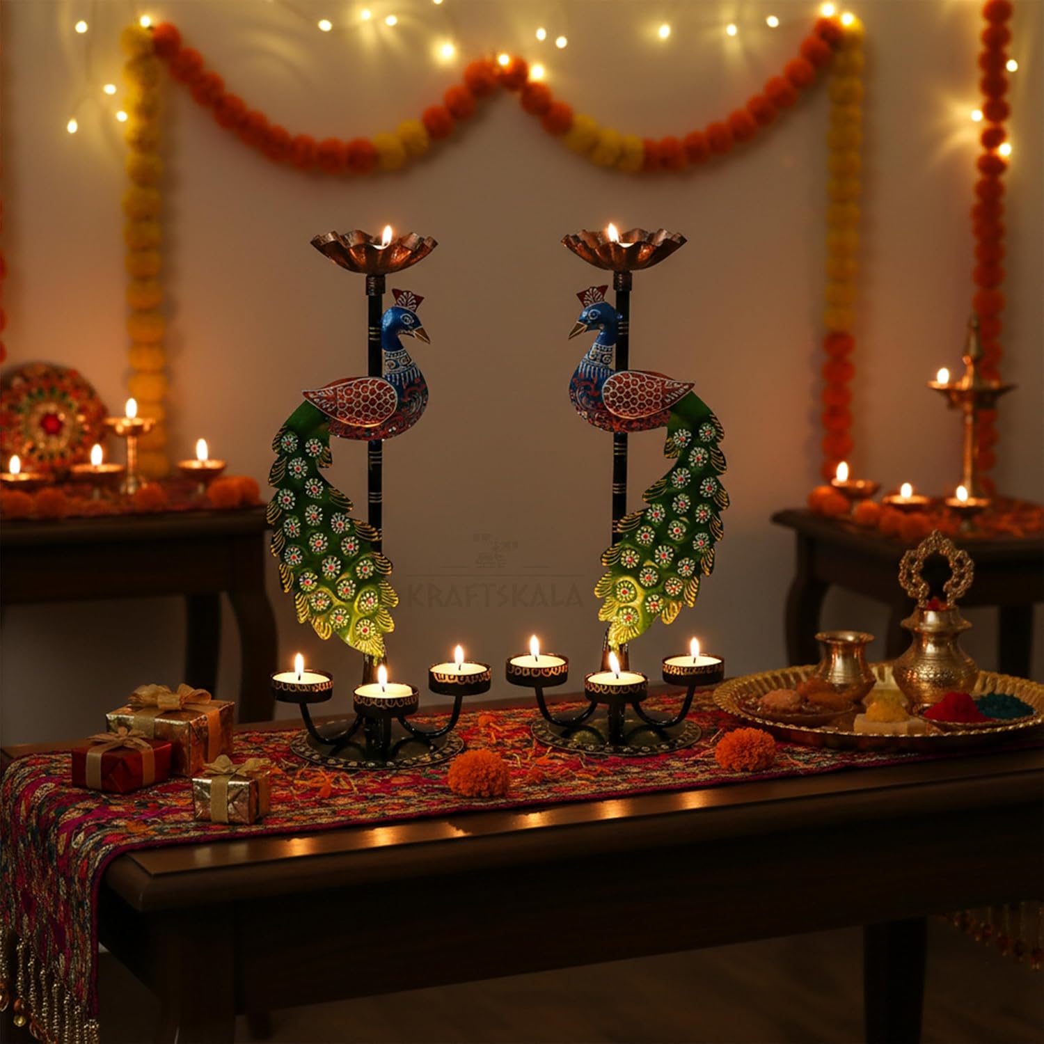 Set of 2 Peacock Tealight Candle Holders – Left Right Facing Decorative Metal Candle Stands with 4 Slots Each | Vibrant Tabletop Home Decor & Diwali/Navratra Gift Item (13 Inch) — photo — 6 of 8