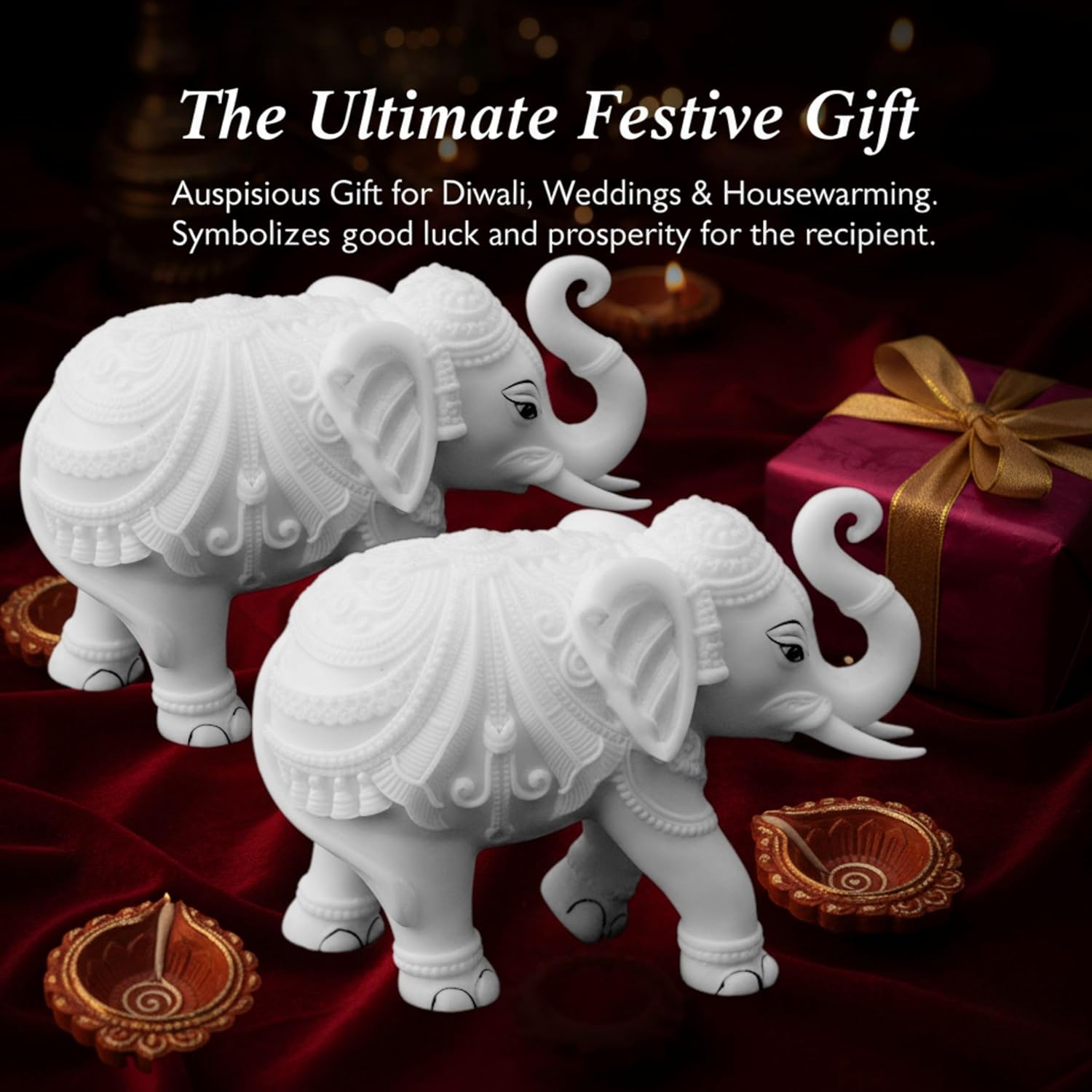 Large Auspicious White Elephant Hathi Showpiece Set of 2 | 8 Inch Vastu Trunk Up Figurine for Home Office Table Diwali Decoration Gifting — photo — 5 of 8